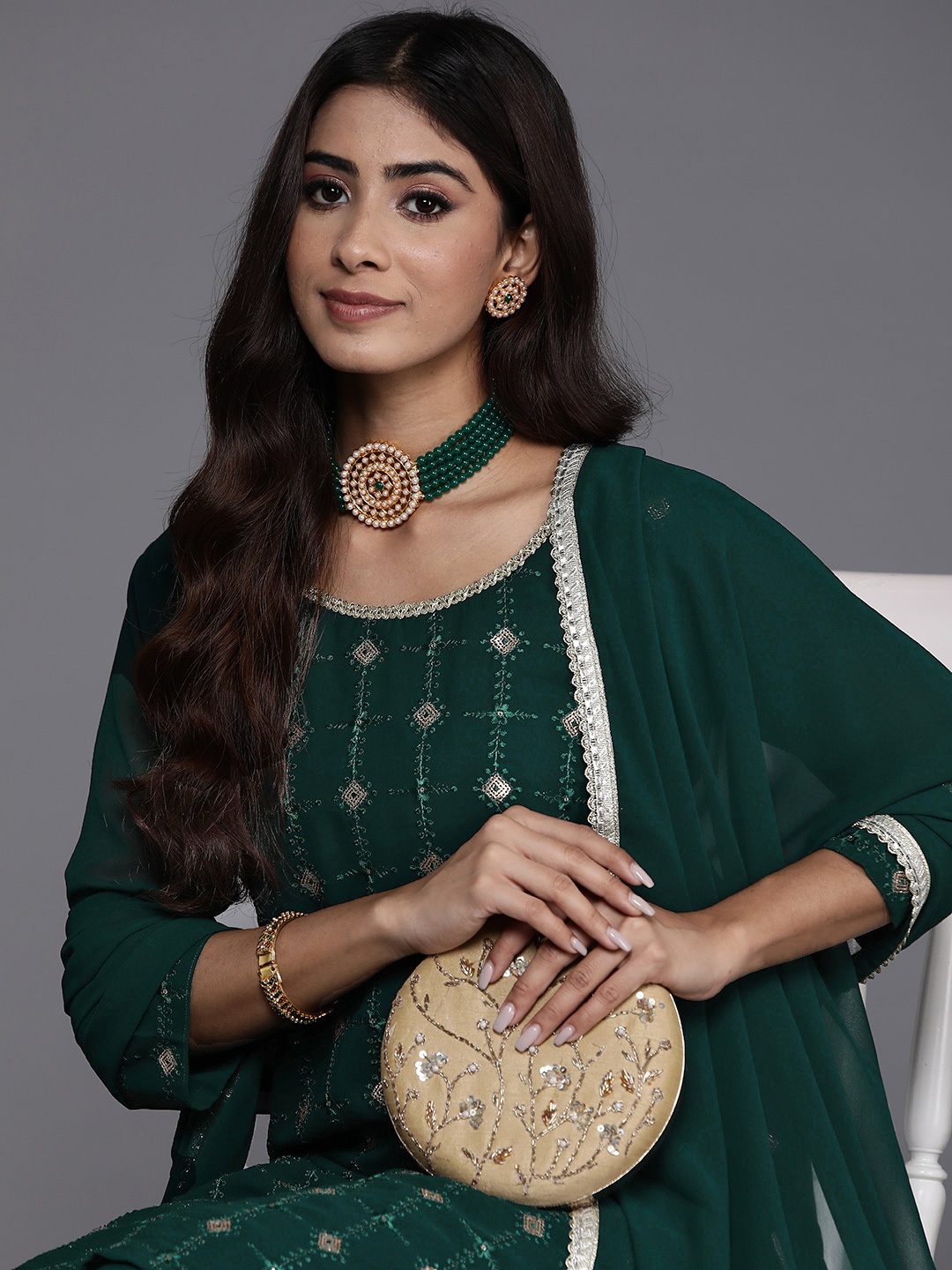Indo Era Women Embroidered Straight Sequinned Kurta with Sharara & With Dupatta, Green
Indo Era Women Embroidered Straight Sequinned Kurta with Sharara & With Dupatta, Green