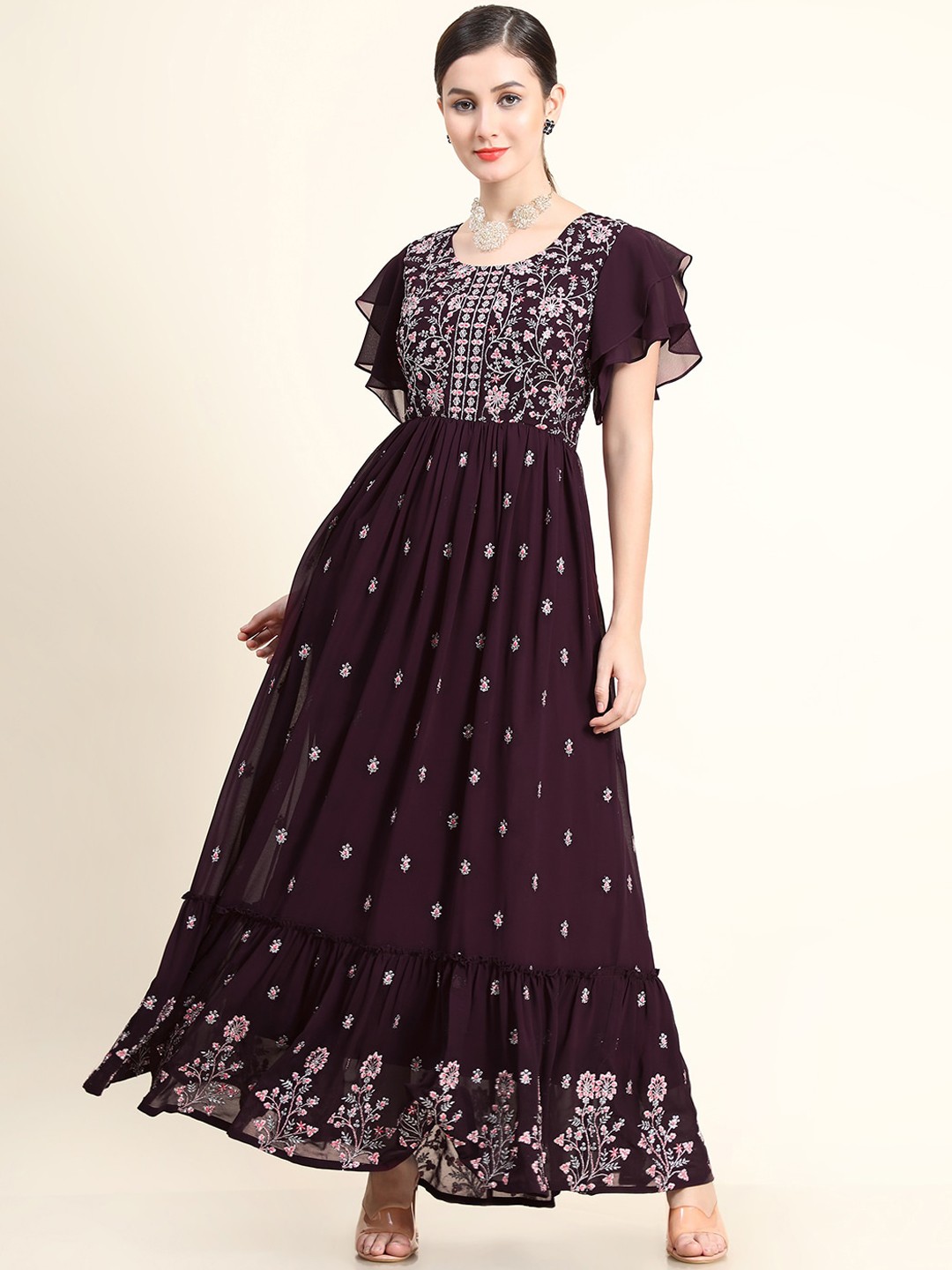BLACK SCISSOR Floral Printed Flutter Sleeve Maxi Fit and Flare Ethnic Dress, Burgundy
BLACK SCISSOR Floral Printed Flutter Sleeve Maxi Fit and Flare Ethnic Dress, Burgundy