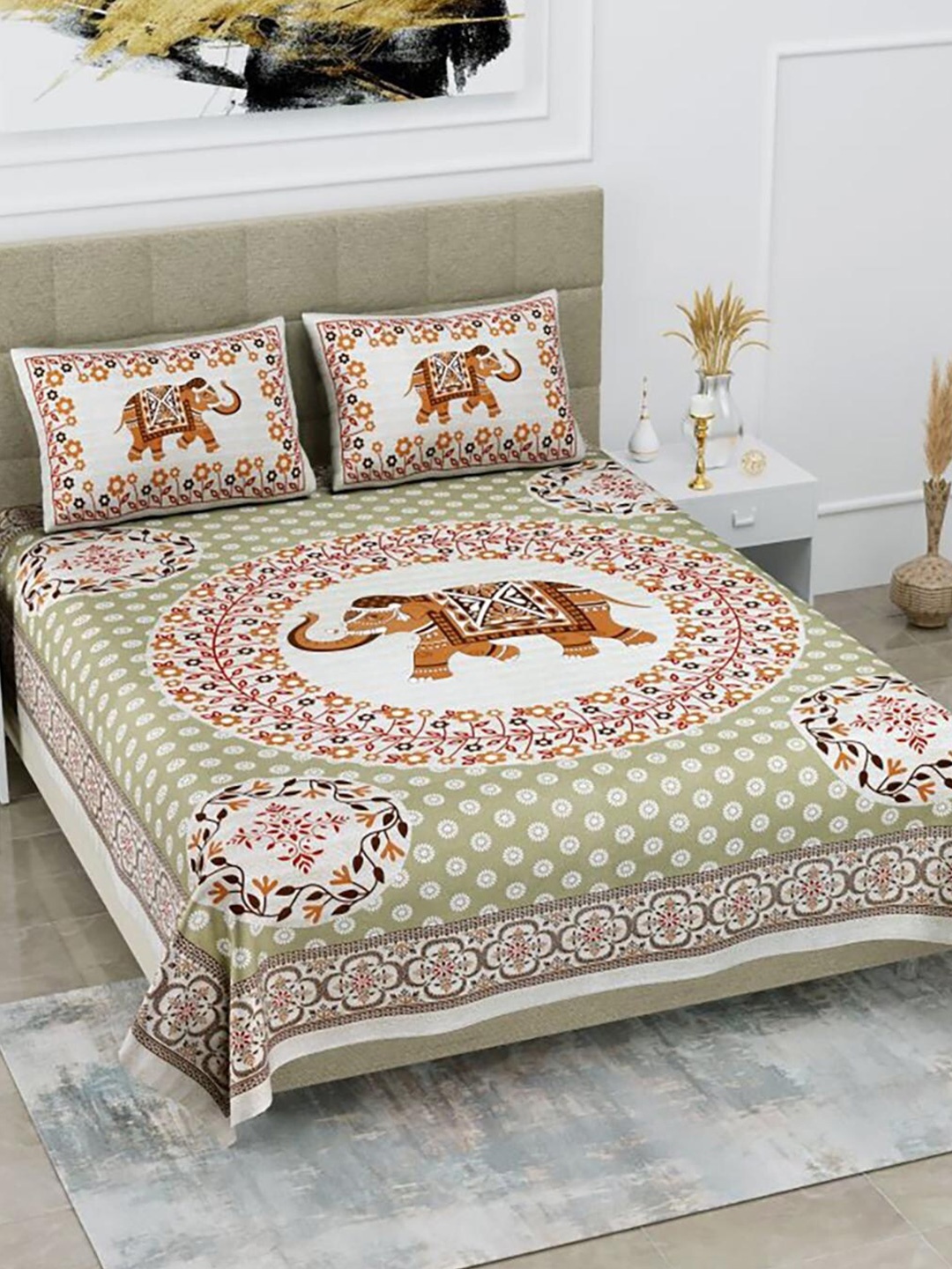 HOMETALES Green & Grey Ethnic Motifs Cotton 104 TC King Bedsheet with 2 Pillow Covers
HOMETALES Green & Grey Ethnic Motifs Cotton 104 TC King Bedsheet with 2 Pillow Covers