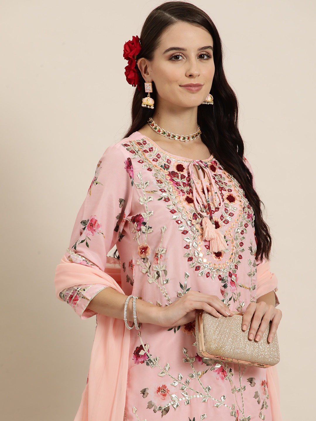 HERE&NOW Women Floral Printed Regular Gotta Patti Kurta with Sharara & Dupatta, Pink
HERE&NOW Women Floral Printed Regular Gotta Patti Kurta with Sharara & Dupatta, Pink