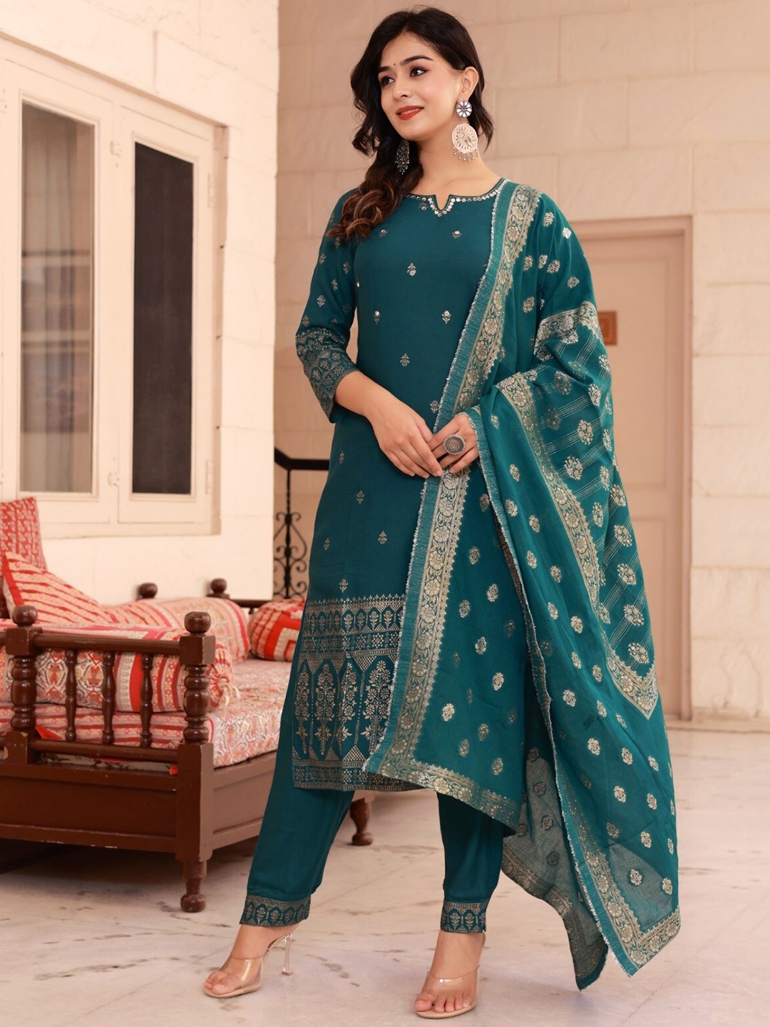Sangria Green Ethnic Motifs Embroidered Mirror Work Straight Kurta & Trousers With Dupatta
Sangria Green Ethnic Motifs Embroidered Mirror Work Straight Kurta & Trousers With Dupatta