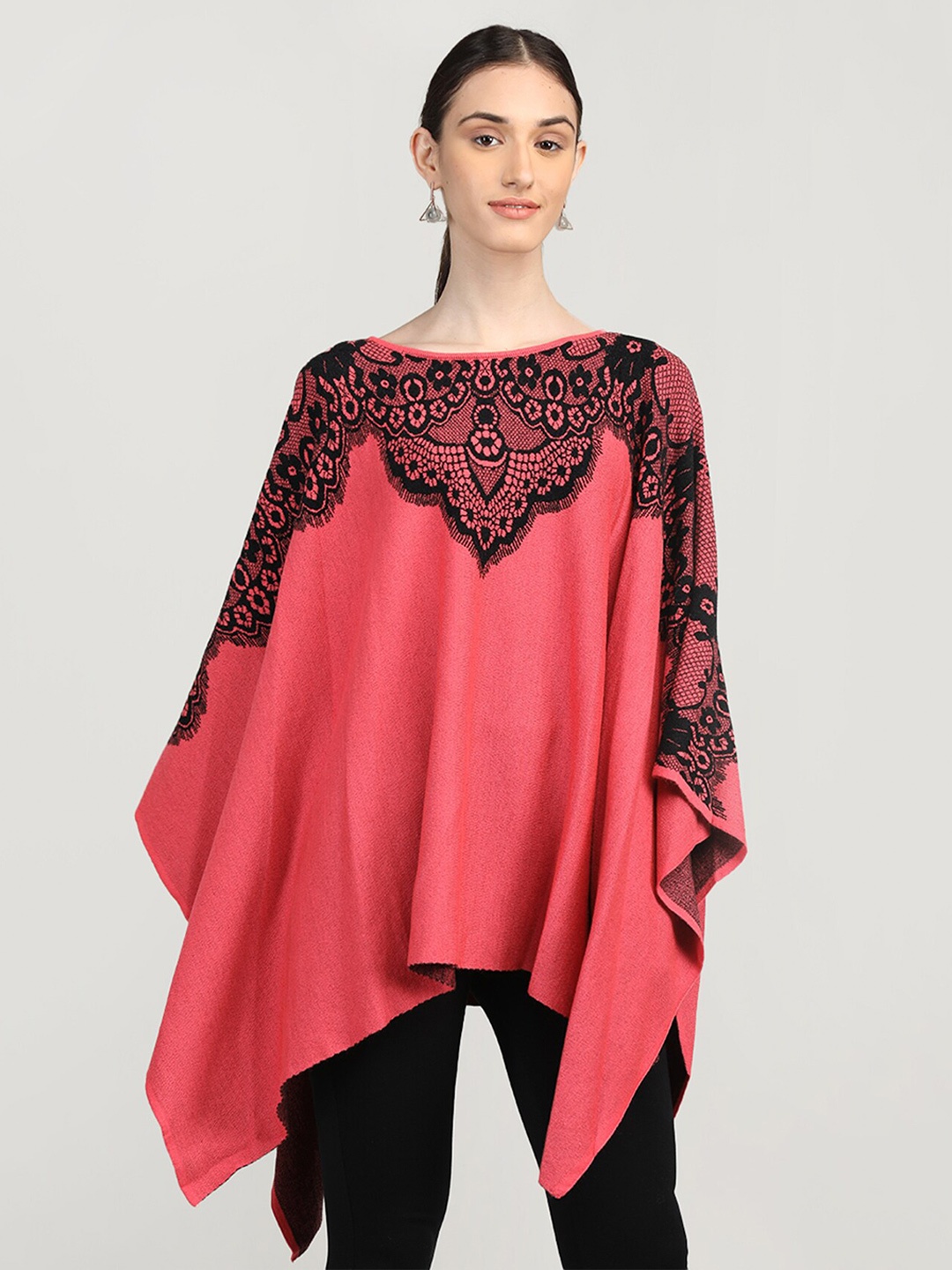Rage Ethnic Motifs Self Designed Long Sleeves Acrylic Poncho, Coral