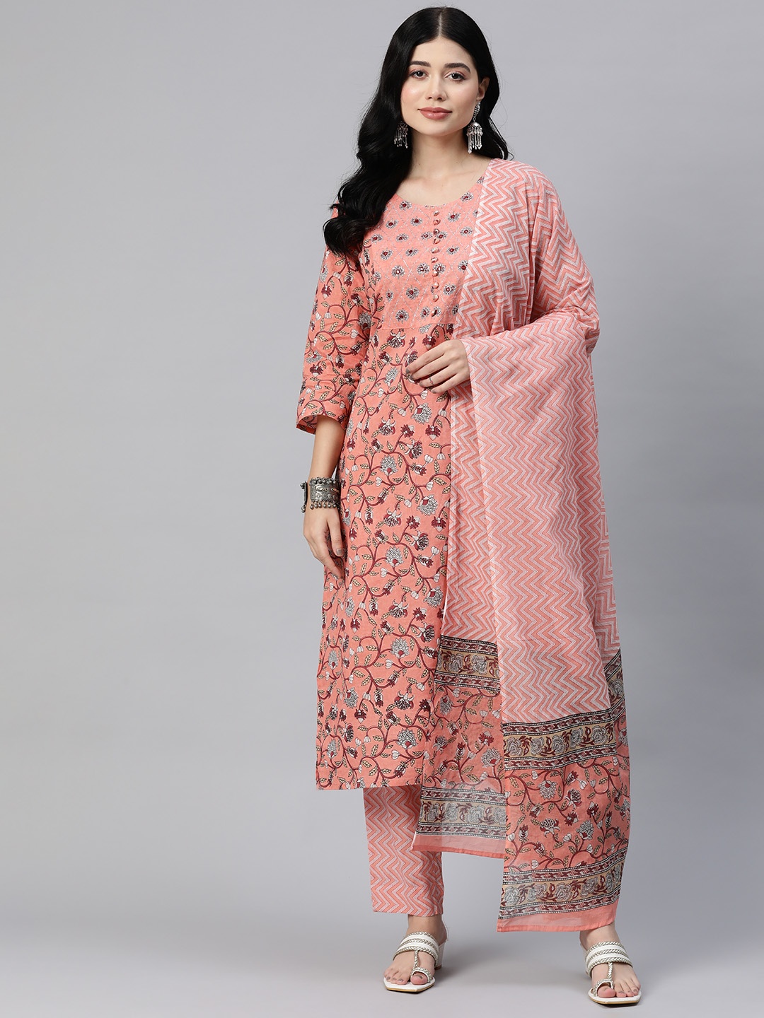 Readiprint Floral Printed Mirror Work Pure Cotton Kurta with Trousers & Dupatta, Peach
Readiprint Floral Printed Mirror Work Pure Cotton Kurta with Trousers & Dupatta, Peach