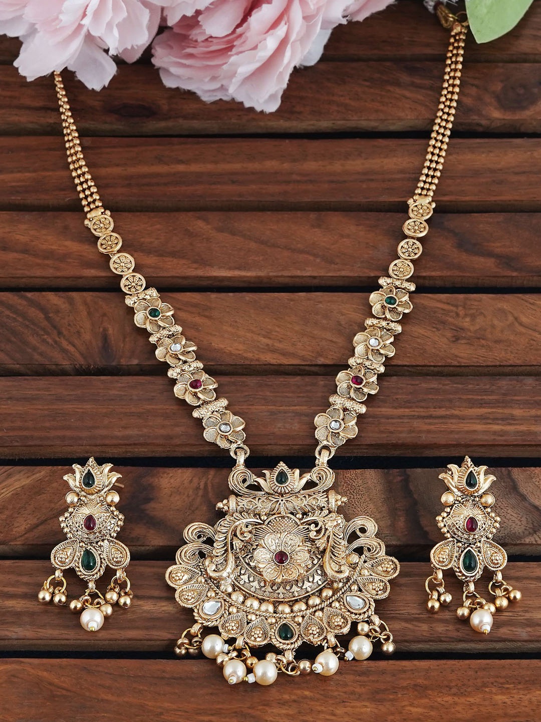 MANSIYAORANGE Gold-Plated Stone-Studded & Beaded Jewellery Set