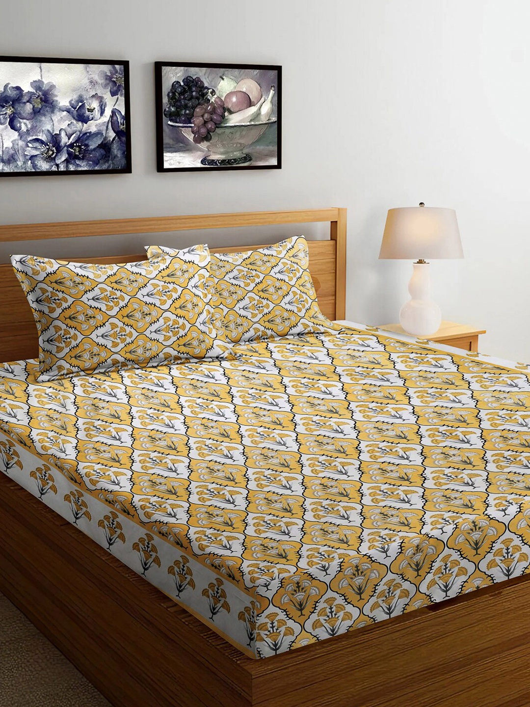 FABINALIV Yellow & White Ethnic Motifs 300 TC Super King Bedsheet With 2 Pillow Covers
FABINALIV Yellow & White Ethnic Motifs 300 TC Super King Bedsheet With 2 Pillow Covers
