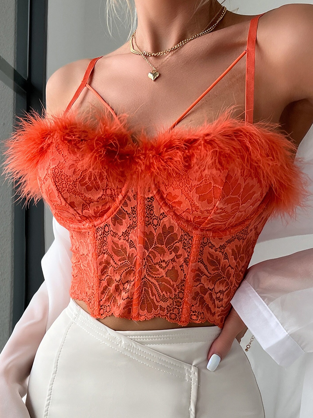 LULU & SKY Floral Self Design Lace Corset Top, Orange