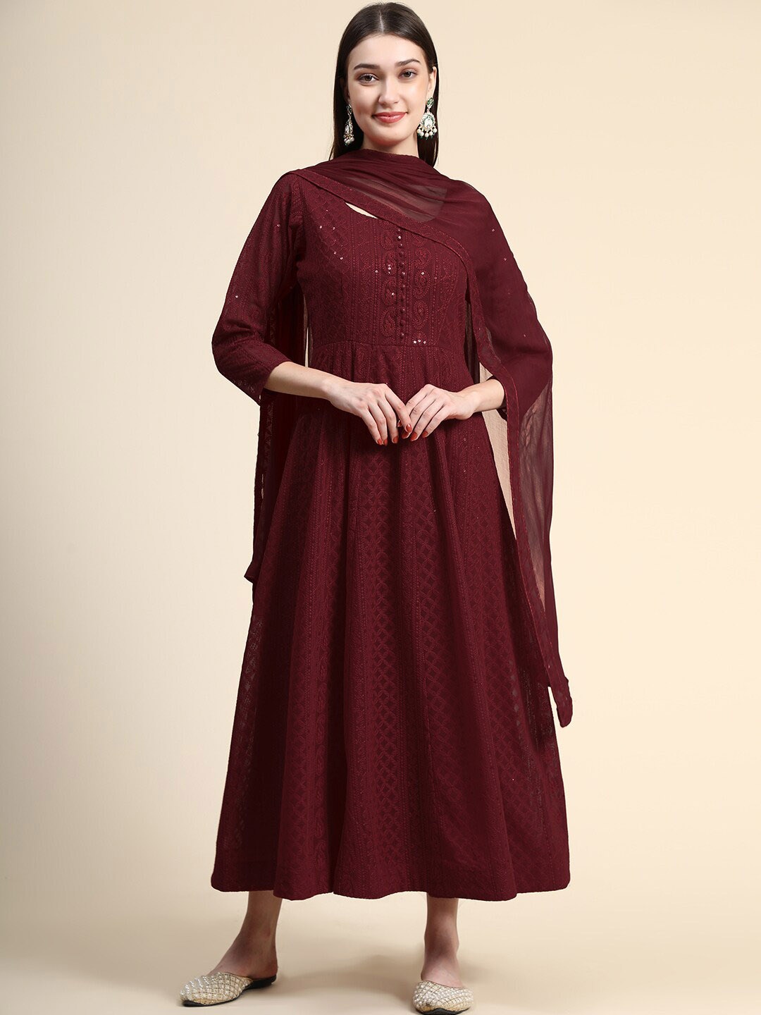 BLACK SCISSOR Embroidered Chikankari Georgette Maxi Gown With Dupatta Ethnic Dresses, Maroon
BLACK SCISSOR Embroidered Chikankari Georgette Maxi Gown With Dupatta Ethnic Dresses, Maroon