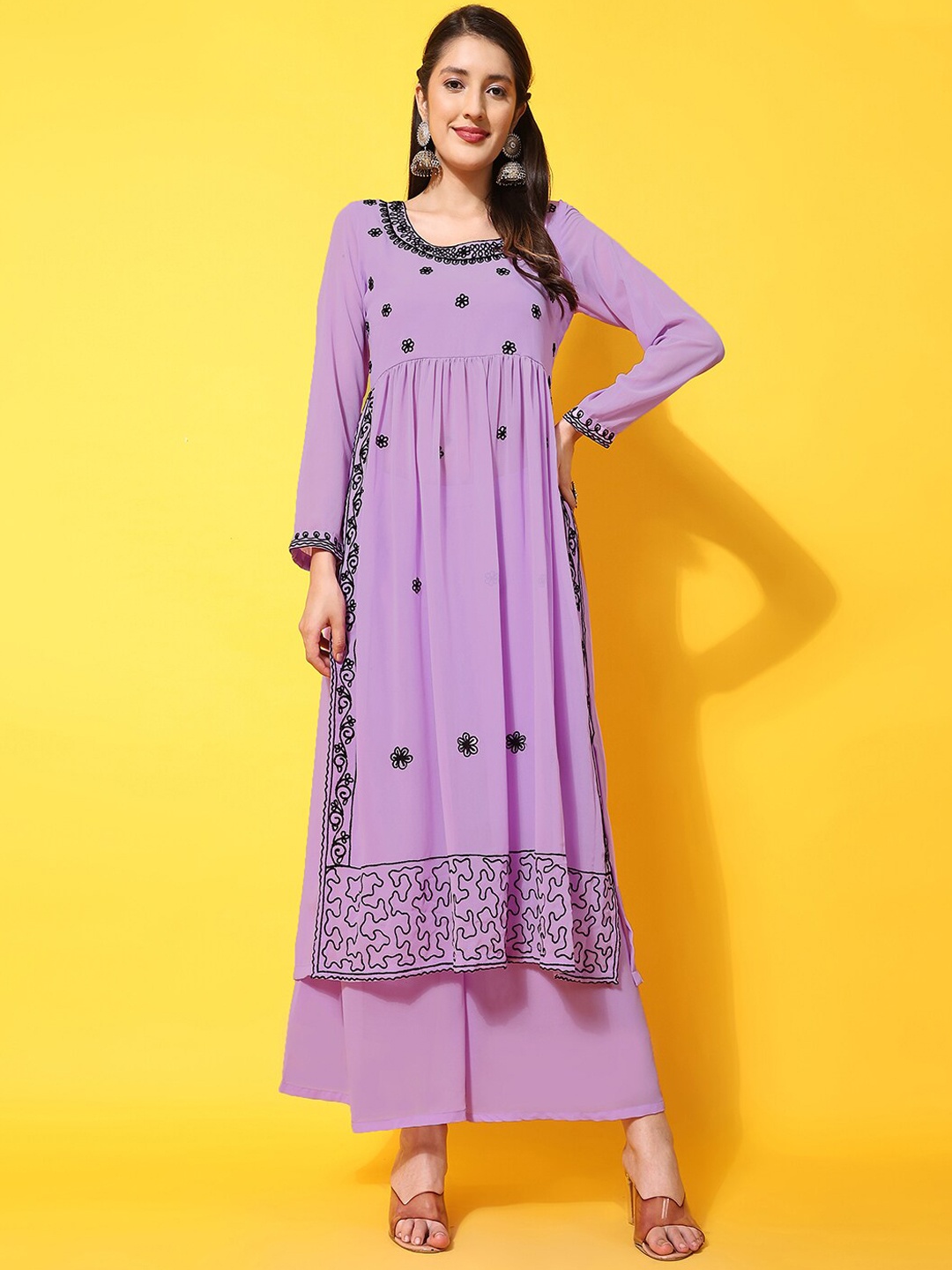Poshak Hub Floral Embroidered Scoop Neck Thread Work Georgette A-Line Kurta With Palazzos, Lavender
Poshak Hub Floral Embroidered Scoop Neck Thread Work Georgette A-Line Kurta With Palazzos, Lavender