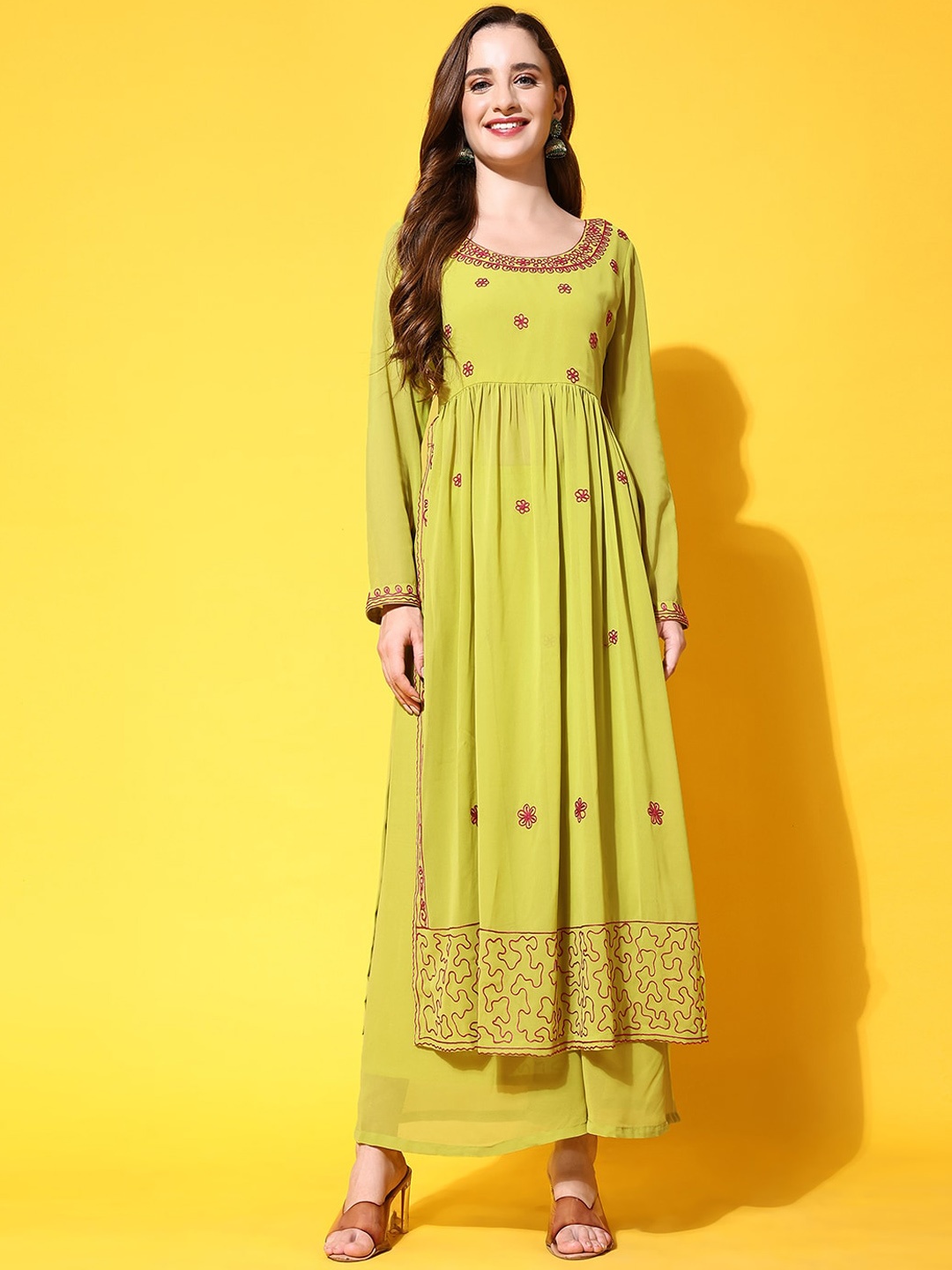 Poshak Hub Floral Embroidered Thread Work Georgette A-Line Kurta With Palazzos, Lime green
Poshak Hub Floral Embroidered Thread Work Georgette A-Line Kurta With Palazzos, Lime green