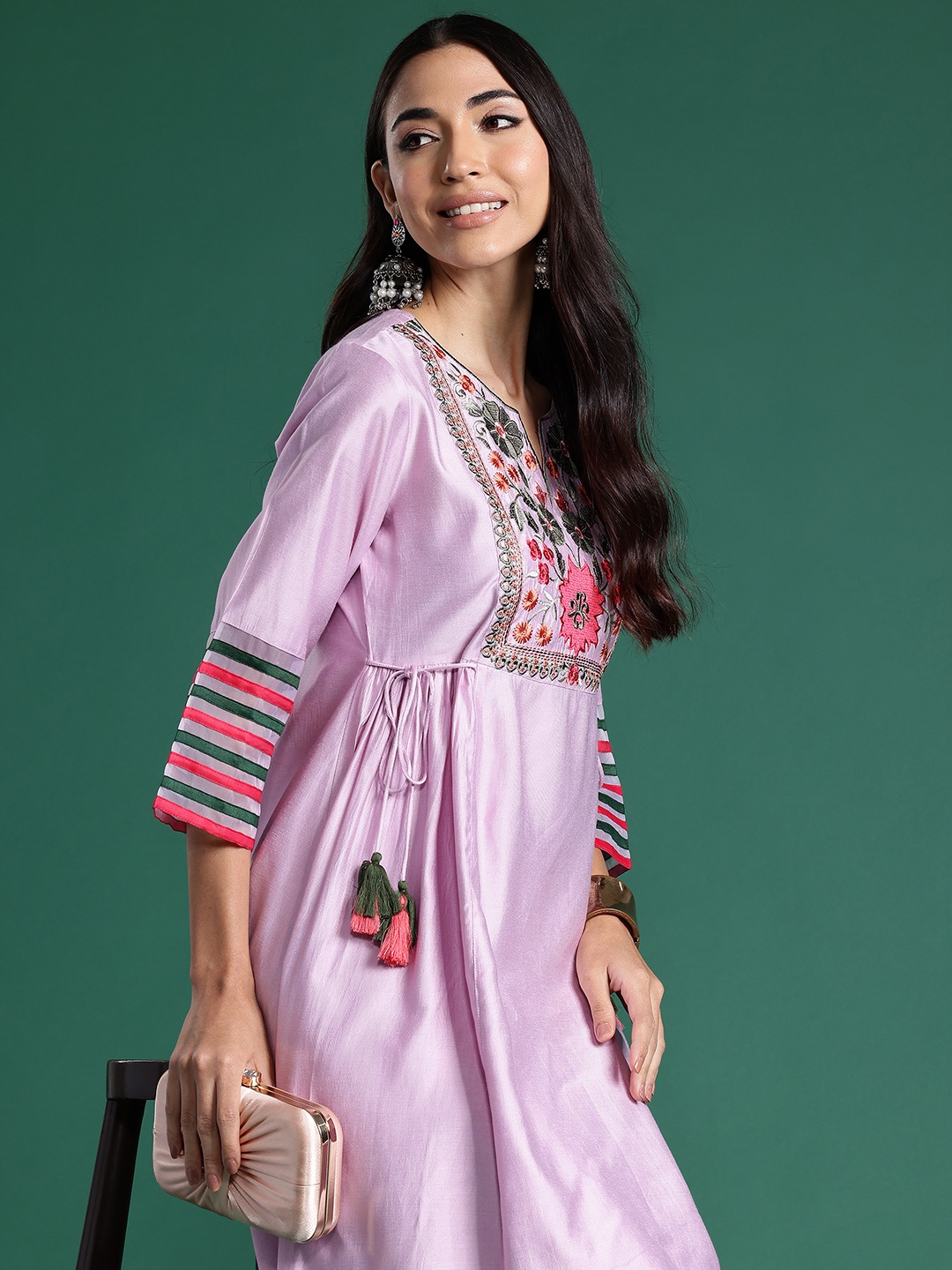 Indo Era Women Floral Embroidered Empire Thread Work Liva Kurta with Trousers, Lavender
Indo Era Women Floral Embroidered Empire Thread Work Liva Kurta with Trousers, Lavender