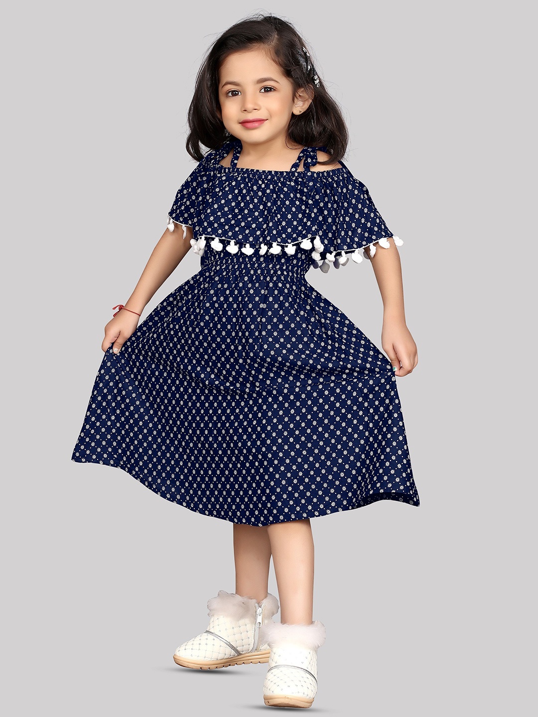 R K MANIYAR Girls Printed A-Line Midi Dress, Navy blue