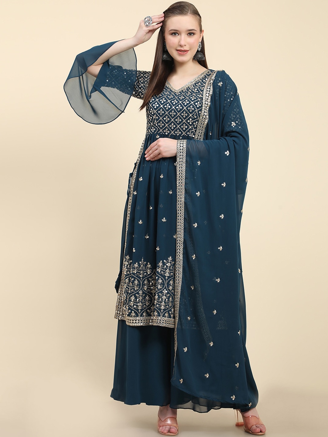 BLACK SCISSOR Ethnic Motifs Embroidered Sequinned Kurta with Palazzos & Dupatta, Teal
BLACK SCISSOR Ethnic Motifs Embroidered Sequinned Kurta with Palazzos & Dupatta, Teal