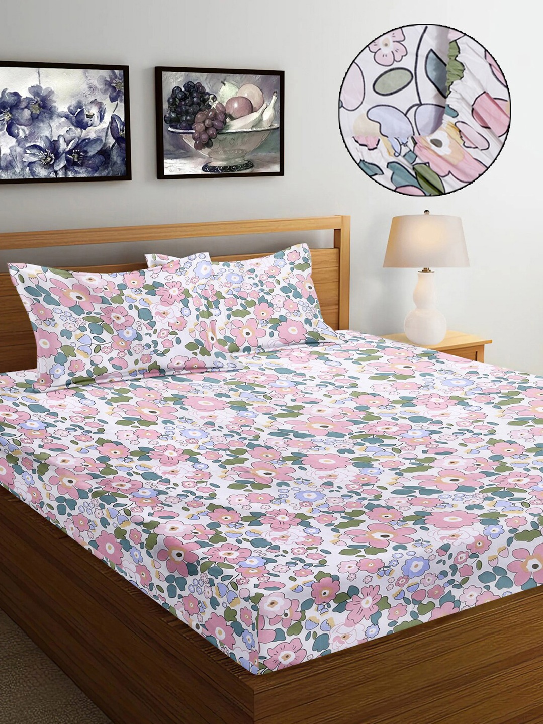FABINALIV Pink & White Floral Print 300 TC Fitted Super King Bedsheet & 2 Pillow Covers
FABINALIV Pink & White Floral Print 300 TC Fitted Super King Bedsheet & 2 Pillow Covers