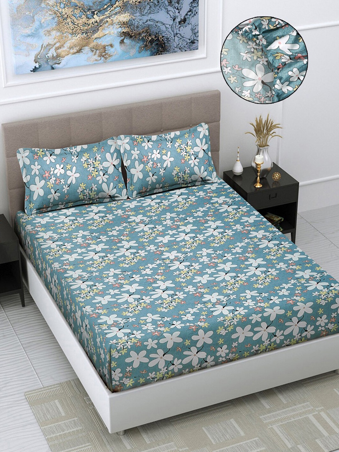 FABINALIV Blue & White Floral Print 300 TC Fitted Super King Bedsheet & 2 Pillow Covers
FABINALIV Blue & White Floral Print 300 TC Fitted Super King Bedsheet & 2 Pillow Covers