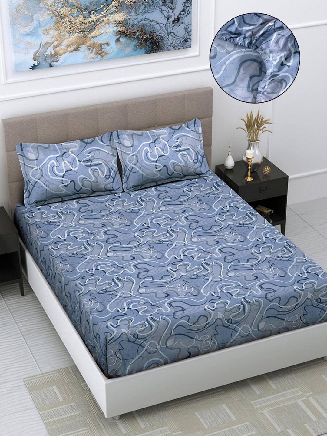 FABINALIV Blue & White Printed 300 TC Fitted Super King Bedsheet with 2 Pillow Covers
FABINALIV Blue & White Printed 300 TC Fitted Super King Bedsheet with 2 Pillow Covers