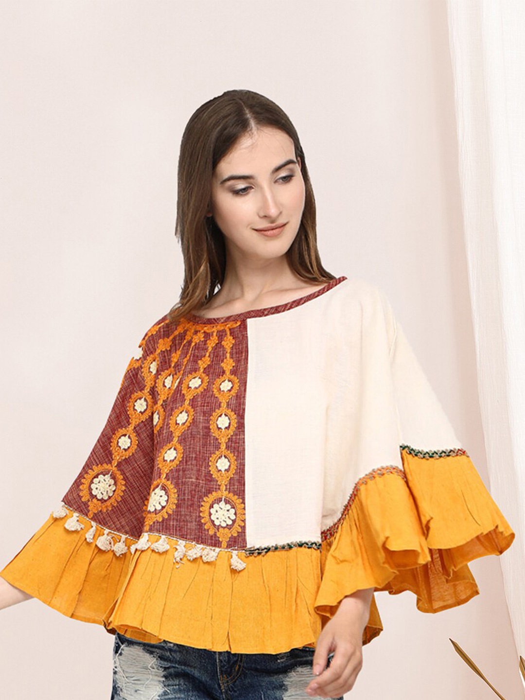 Selvia Ethnic Motifs Printed Boat Neck Cape Sleeve Embroidered detail Cotton Cape Top, Brown
Selvia Ethnic Motifs Printed Boat Neck Cape Sleeve Embroidered detail Cotton Cape Top, Brown