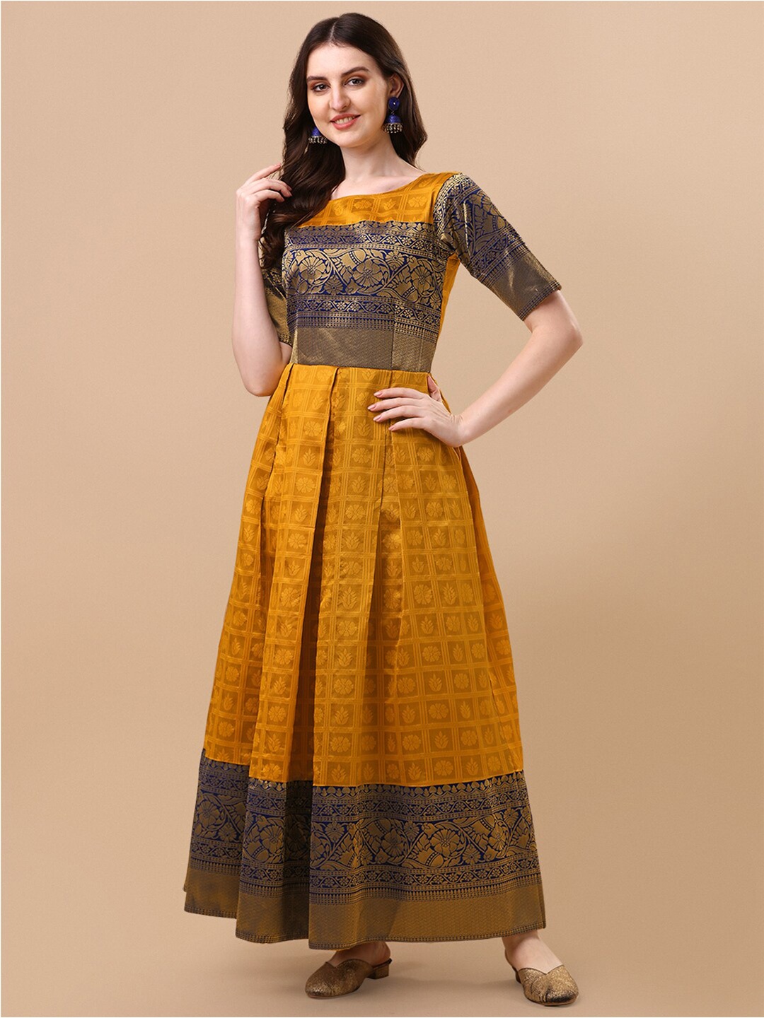 KALINI Ethnic Motifs Woven Design Pleated Jacquard Fit & Flare Ethnic Dress, Mustard
KALINI Ethnic Motifs Woven Design Pleated Jacquard Fit & Flare Ethnic Dress, Mustard