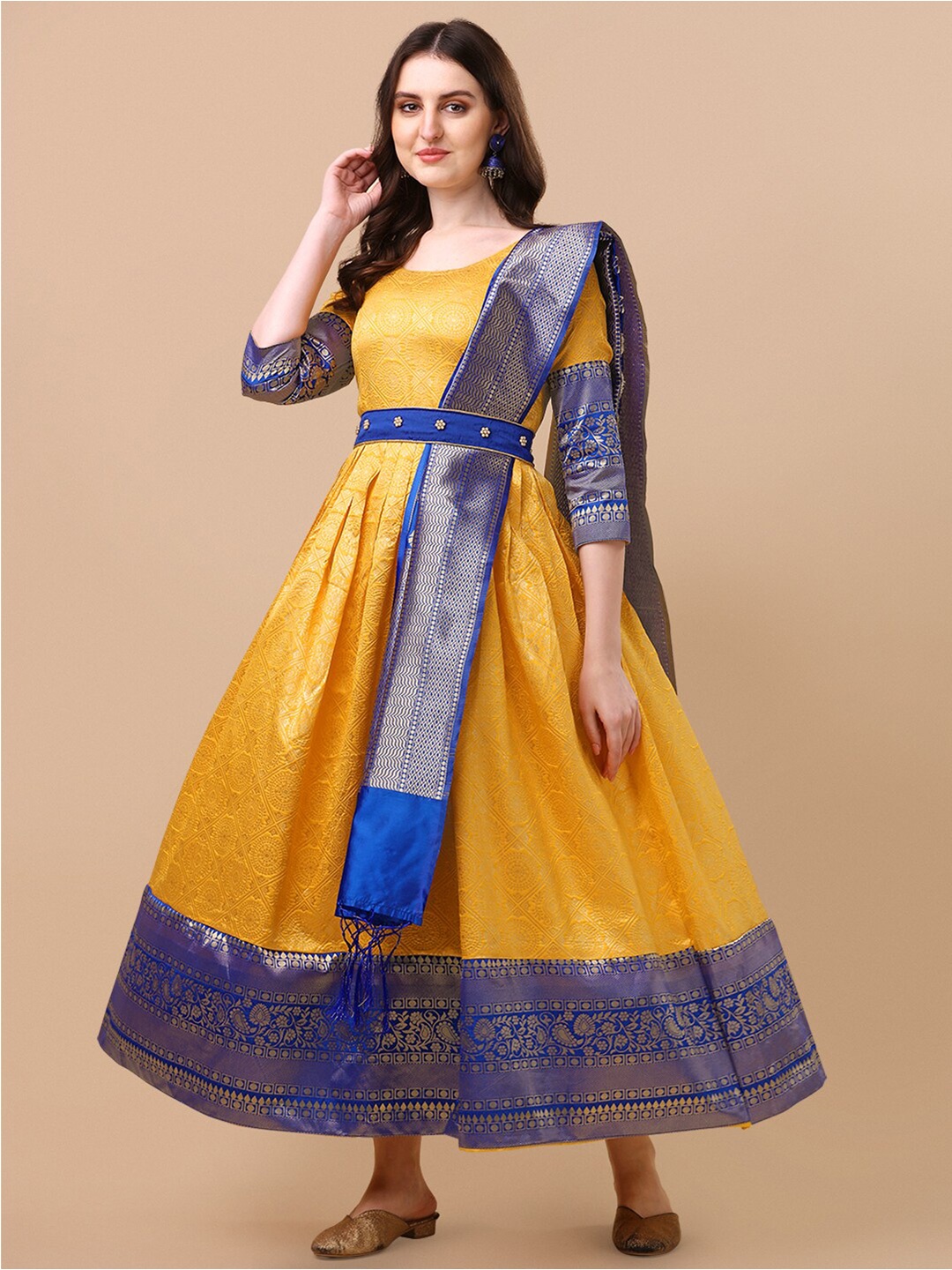 KALINI Ethnic Motifs Woven Design Jacquard Fit and Flare Midi Ethnic Dress With Dupatta, Yellow
KALINI Ethnic Motifs Woven Design Jacquard Fit and Flare Midi Ethnic Dress With Dupatta, Yellow