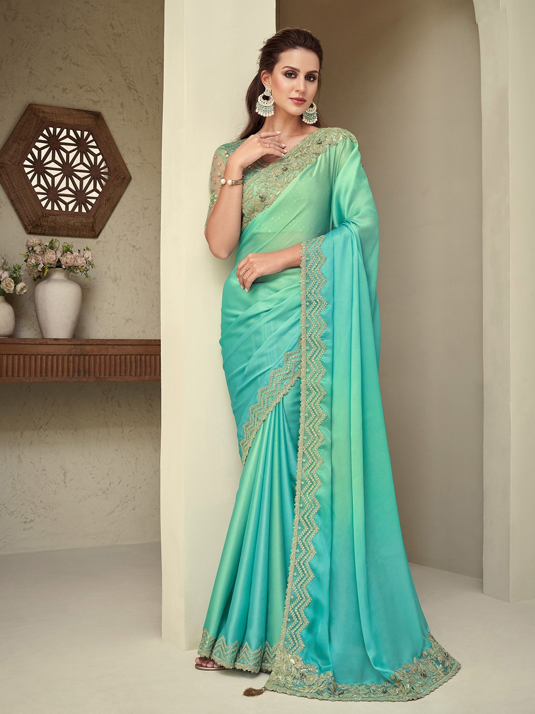 Mitera Turquoise Blue Embroidered Detailed Saree
