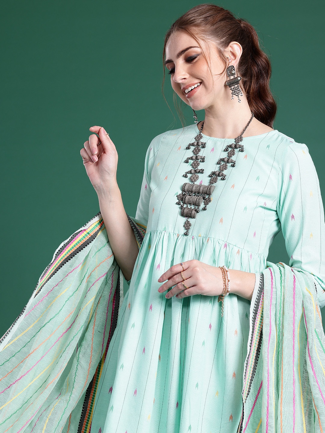 Sangria Women Printed Pleated Pure Cotton Kurta with Trousers & Dupatta, Turquoise blue
Sangria Women Printed Pleated Pure Cotton Kurta with Trousers & Dupatta, Turquoise blue