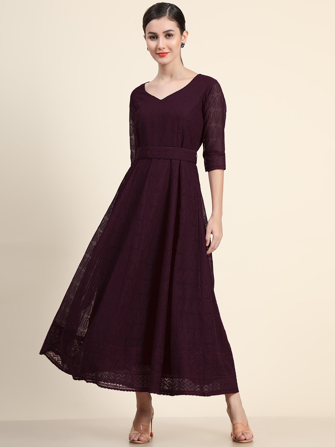BLACK SCISSOR Ethnic Motifs Paisley Embroidered Belted Chikankari Fit & Flare Ethnic Dress, Burgundy
BLACK SCISSOR Ethnic Motifs Paisley Embroidered Belted Chikankari Fit & Flare Ethnic Dress, Burgundy
