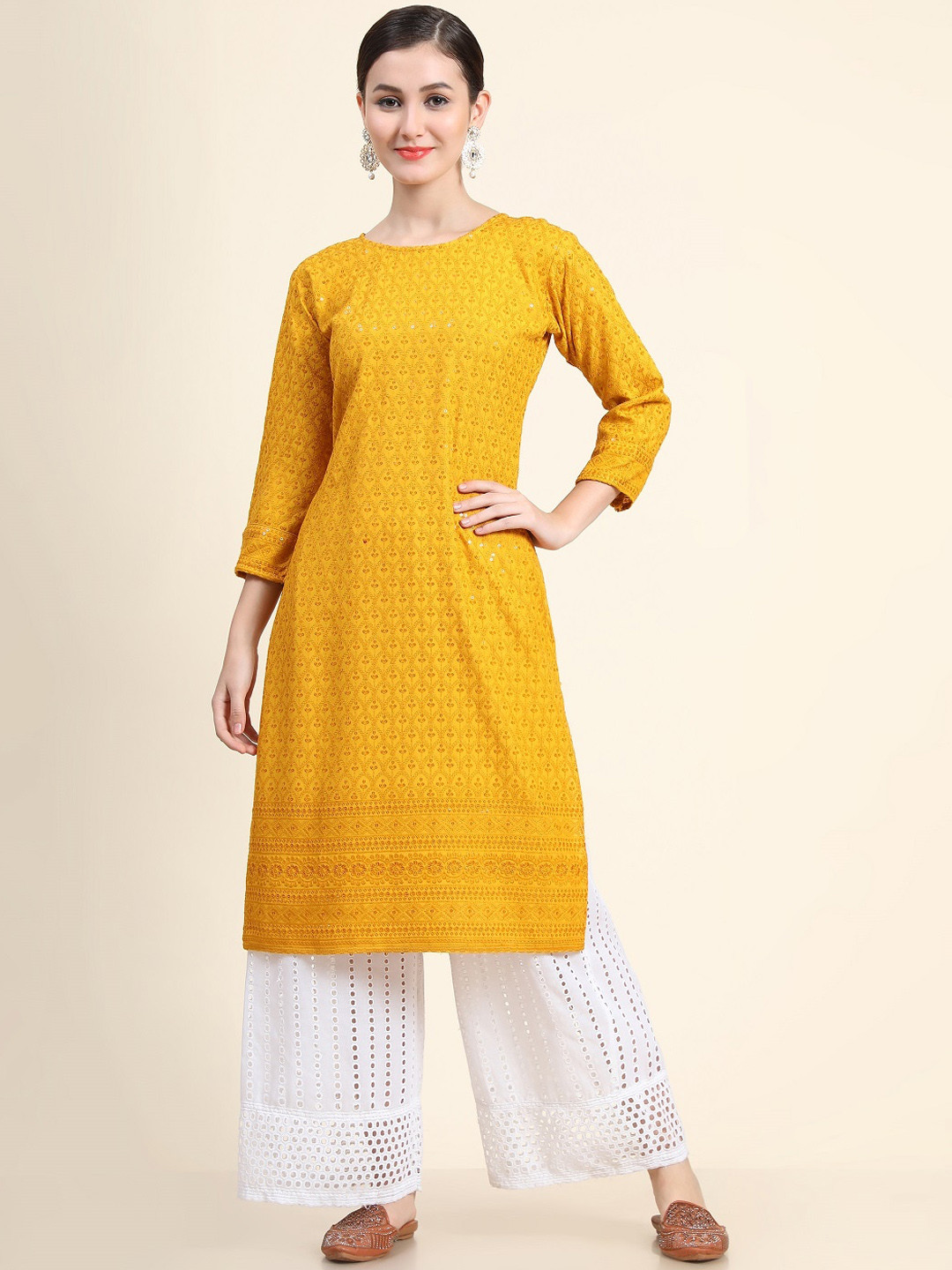 BLACK SCISSOR Embroidered Chikankari Round Neck Straight Sequins Kurta, Mustard
BLACK SCISSOR Embroidered Chikankari Round Neck Straight Sequins Kurta, Mustard