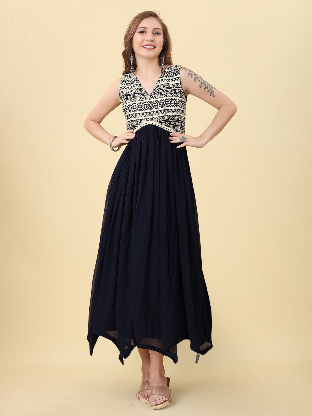 PREMROOP- THE STYLE YOU LOVE Ethnic Motifs Embroidered Georgette Fit & Flare Dress, Blue
PREMROOP- THE STYLE YOU LOVE Ethnic Motifs Embroidered Georgette Fit & Flare Dress, Blue