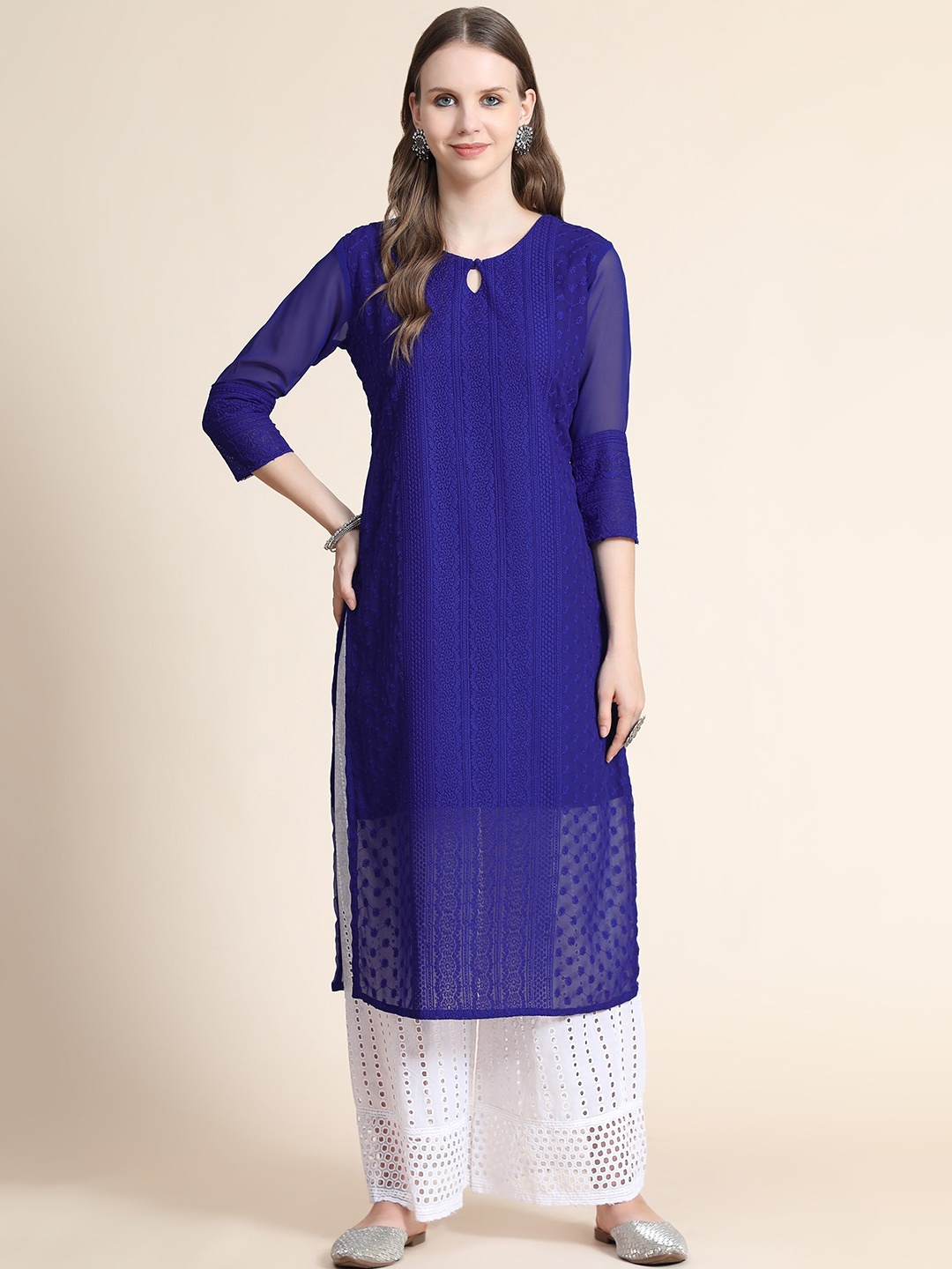 BLACK SCISSOR Ethnic Motifs Embroidered Keyhole Neck Chikankari Straight Georgette Kurta, Blue
BLACK SCISSOR Ethnic Motifs Embroidered Keyhole Neck Chikankari Straight Georgette Kurta, Blue
