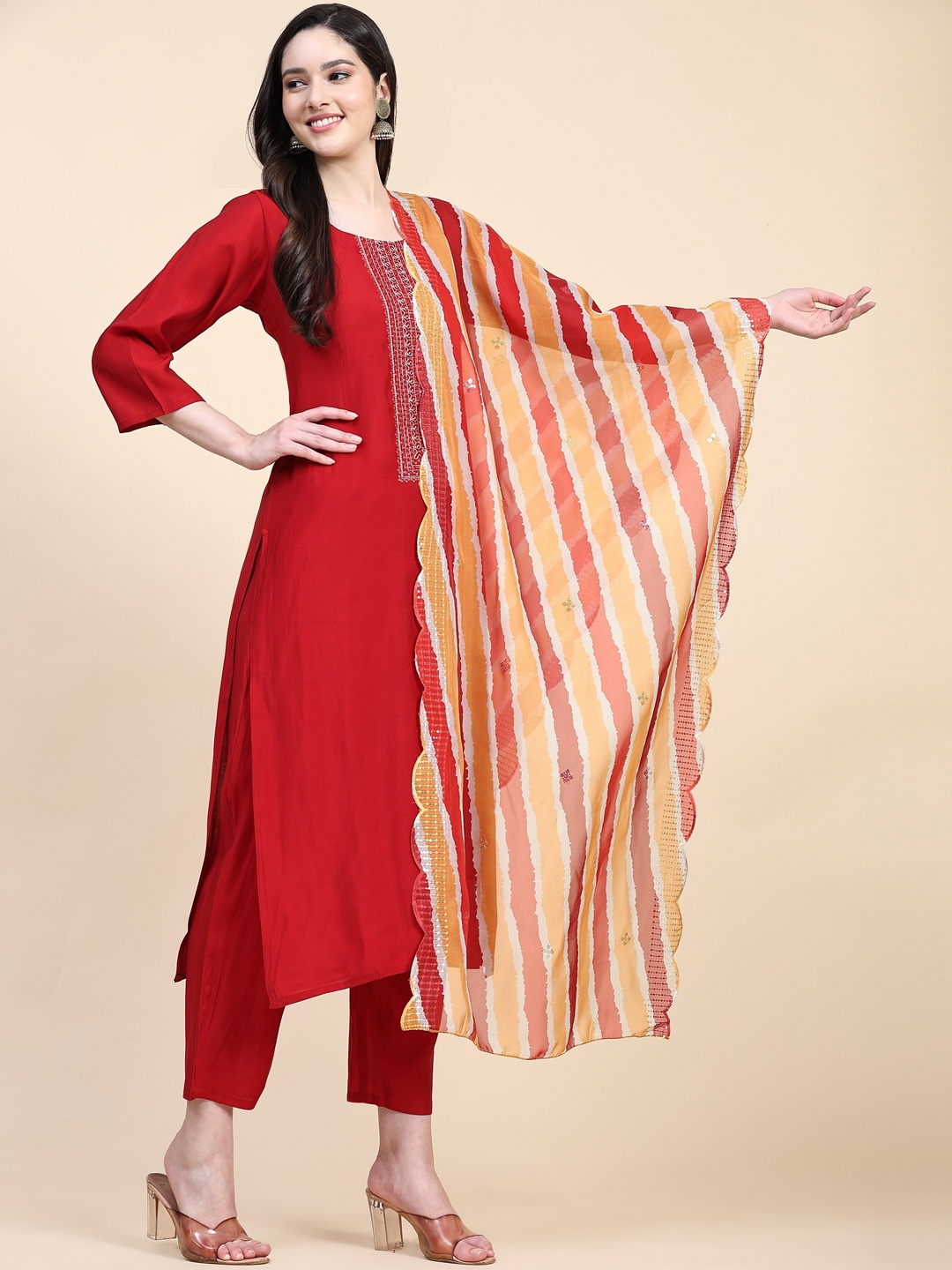 Nivah Fashion Yoke Design Sequinned Chanderi Cotton Kurta With Trousers & Dupatta, Red
Nivah Fashion Yoke Design Sequinned Chanderi Cotton Kurta With Trousers & Dupatta, Red