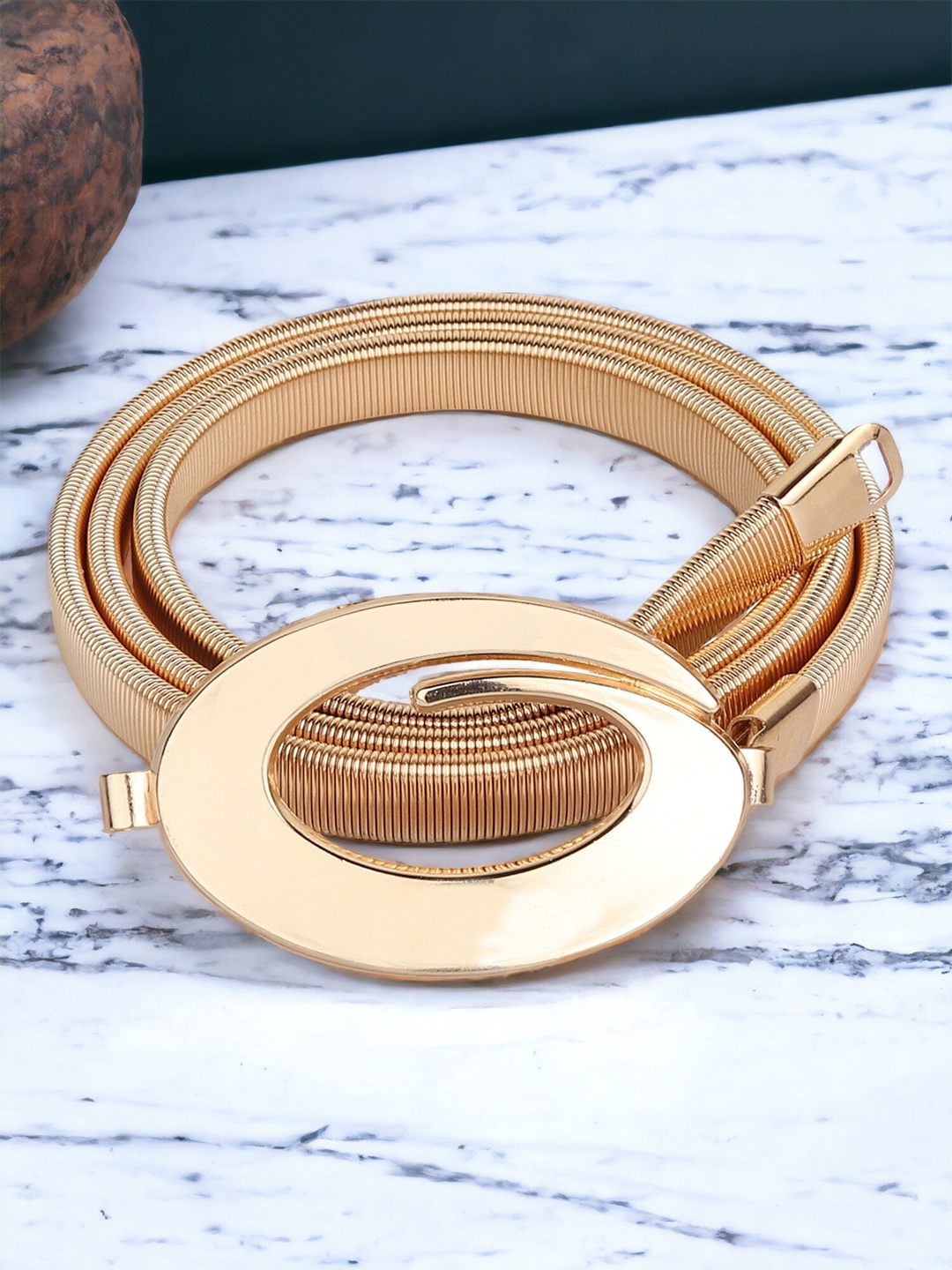 DressBerry Women Textured Slim Stretchable Belt, Gold