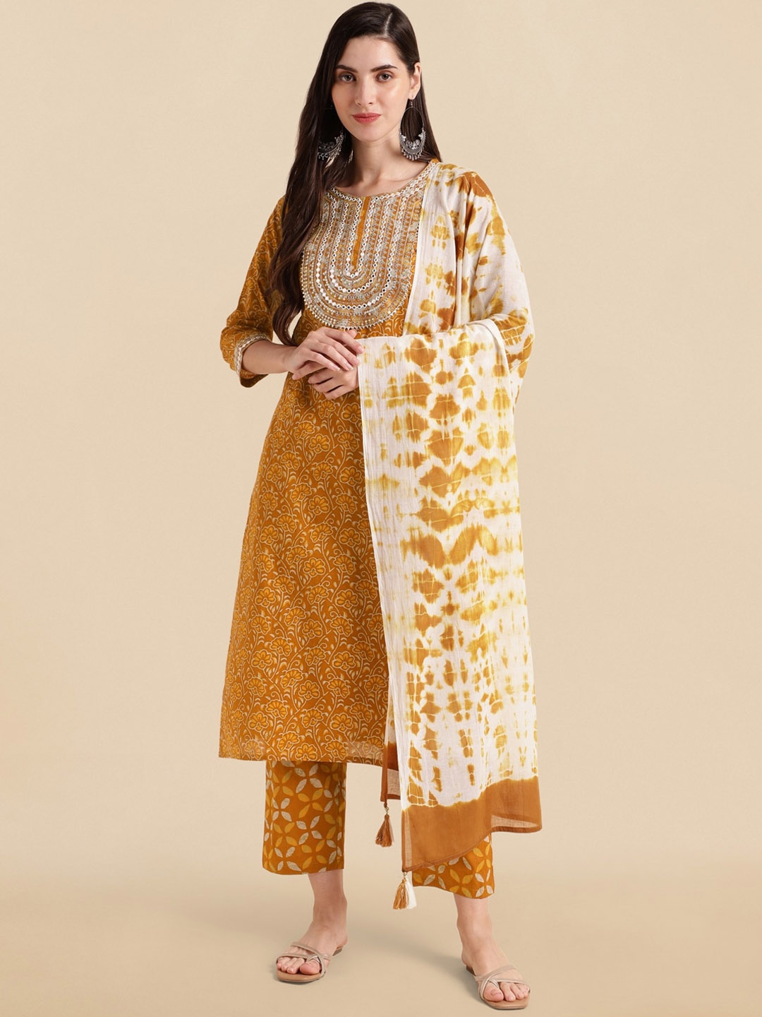 KALINI Mustard Floral Print Thread Work Pure Cotton Kurta with Trousers & Dupatta
KALINI Mustard Floral Print Thread Work Pure Cotton Kurta with Trousers & Dupatta