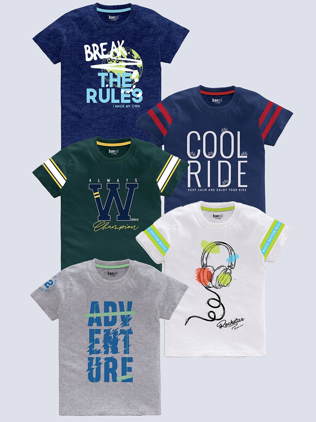 BAESD Boys Pack Of 5 Typography Printed Round Neck Short Sleeves Pure Cotton T-shirt, Green
BAESD Boys Pack Of 5 Typography Printed Round Neck Short Sleeves Pure Cotton T-shirt, Green