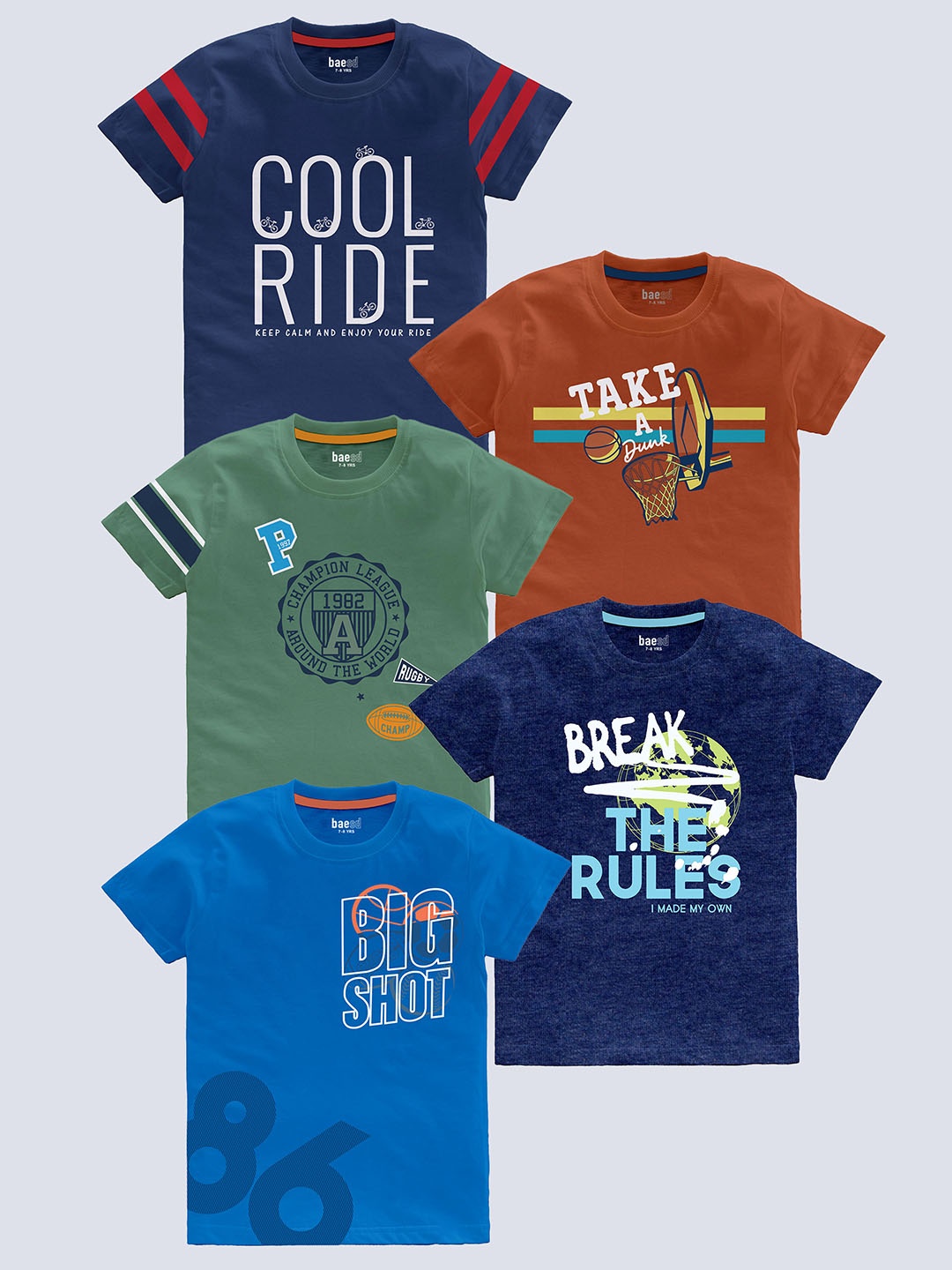 BAESD Boys Pack Of 5 Typography Printed Round Neck Short Sleeves Pure Cotton T-shirt, Navy blue
BAESD Boys Pack Of 5 Typography Printed Round Neck Short Sleeves Pure Cotton T-shirt, Navy blue