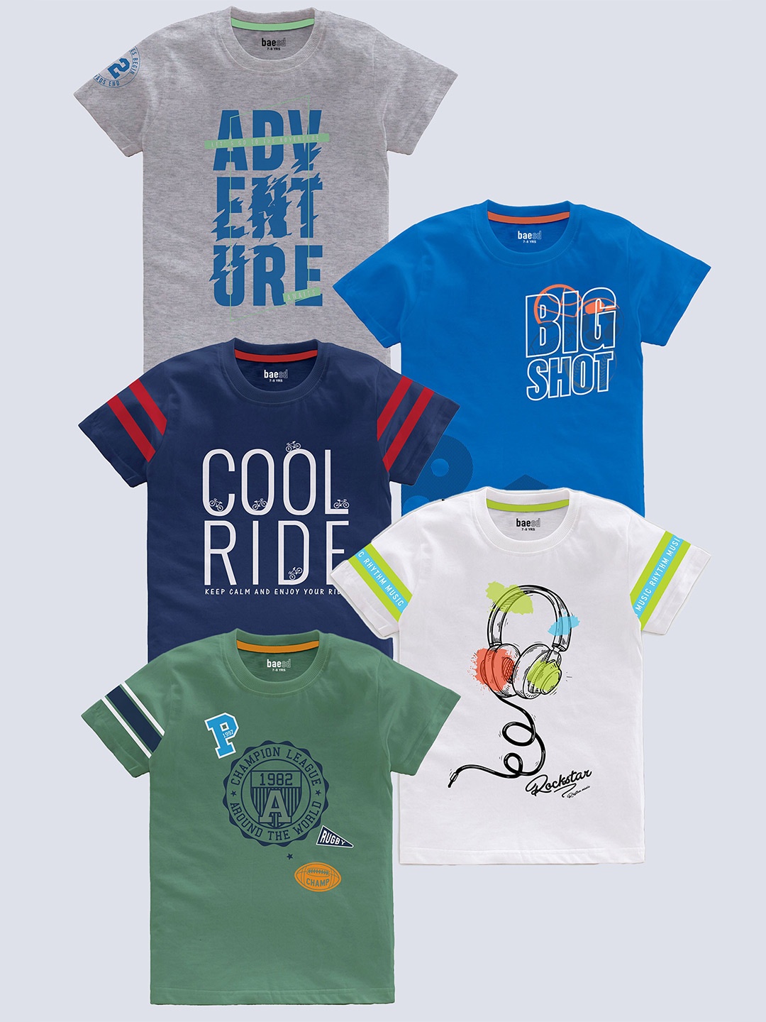 BAESD Boys Pack Of 5 Typography Printed Cotton T-shirt, Grey melange