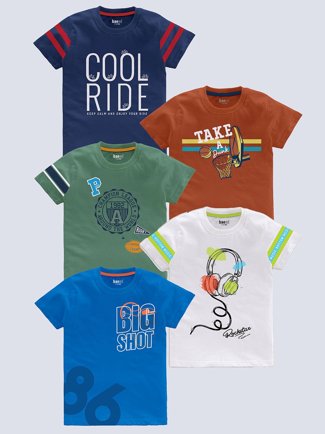 BAESD Boys Pack Of 5 Typography Printed Pure Cotton T-shirt, Blue