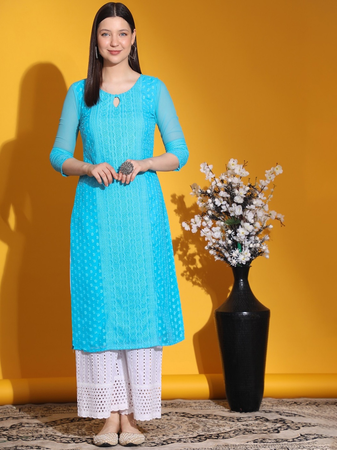 BLACK SCISSOR Ethnic Motifs Embroidered Keyhole Neck Chikankari Straight Georgette Kurta, Blue
BLACK SCISSOR Ethnic Motifs Embroidered Keyhole Neck Chikankari Straight Georgette Kurta, Blue