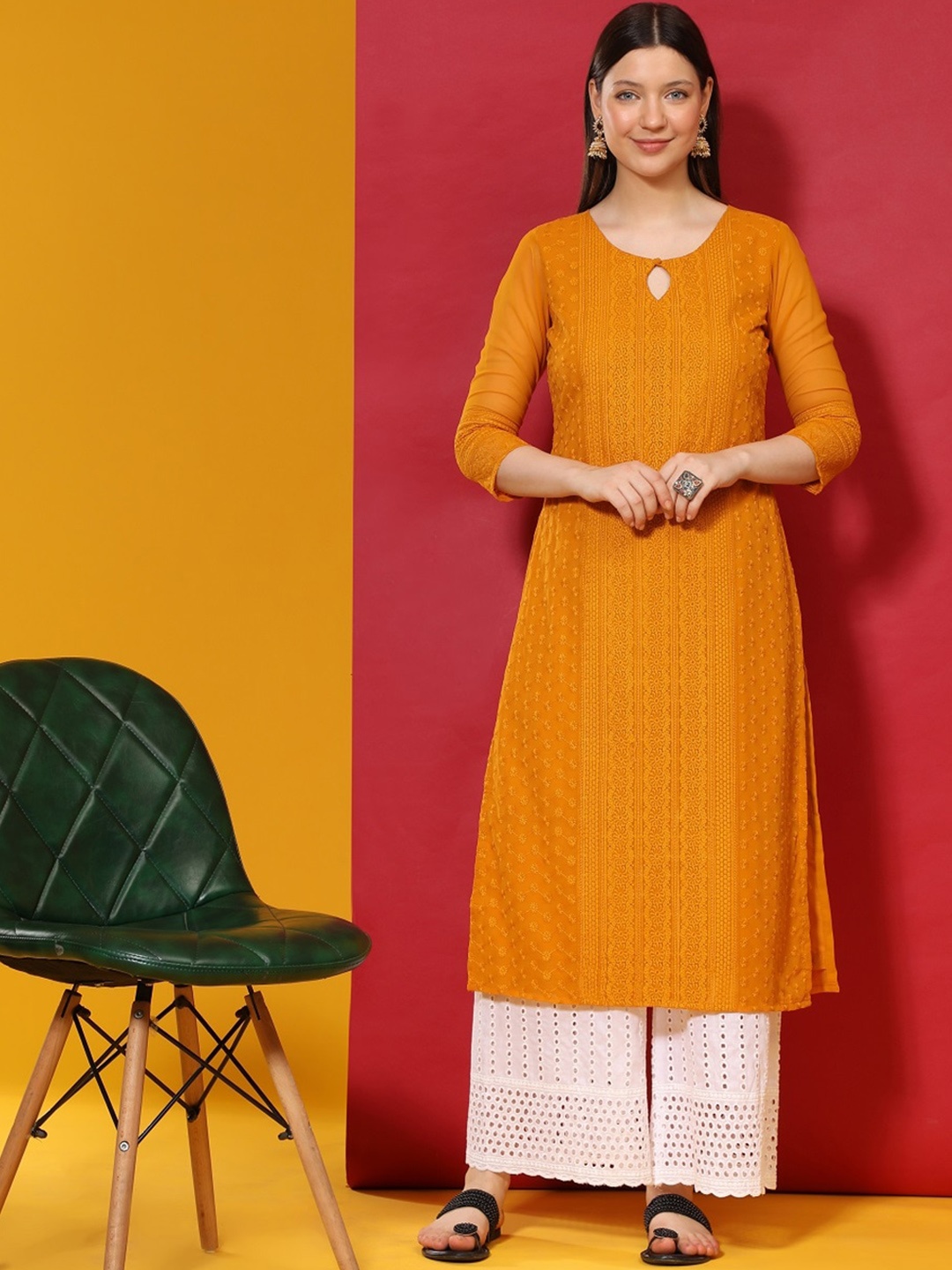 BLACK SCISSOR Ethnic Motifs Embroidered Thread Work Georgette Straight Kurta, Mustard
BLACK SCISSOR Ethnic Motifs Embroidered Thread Work Georgette Straight Kurta, Mustard