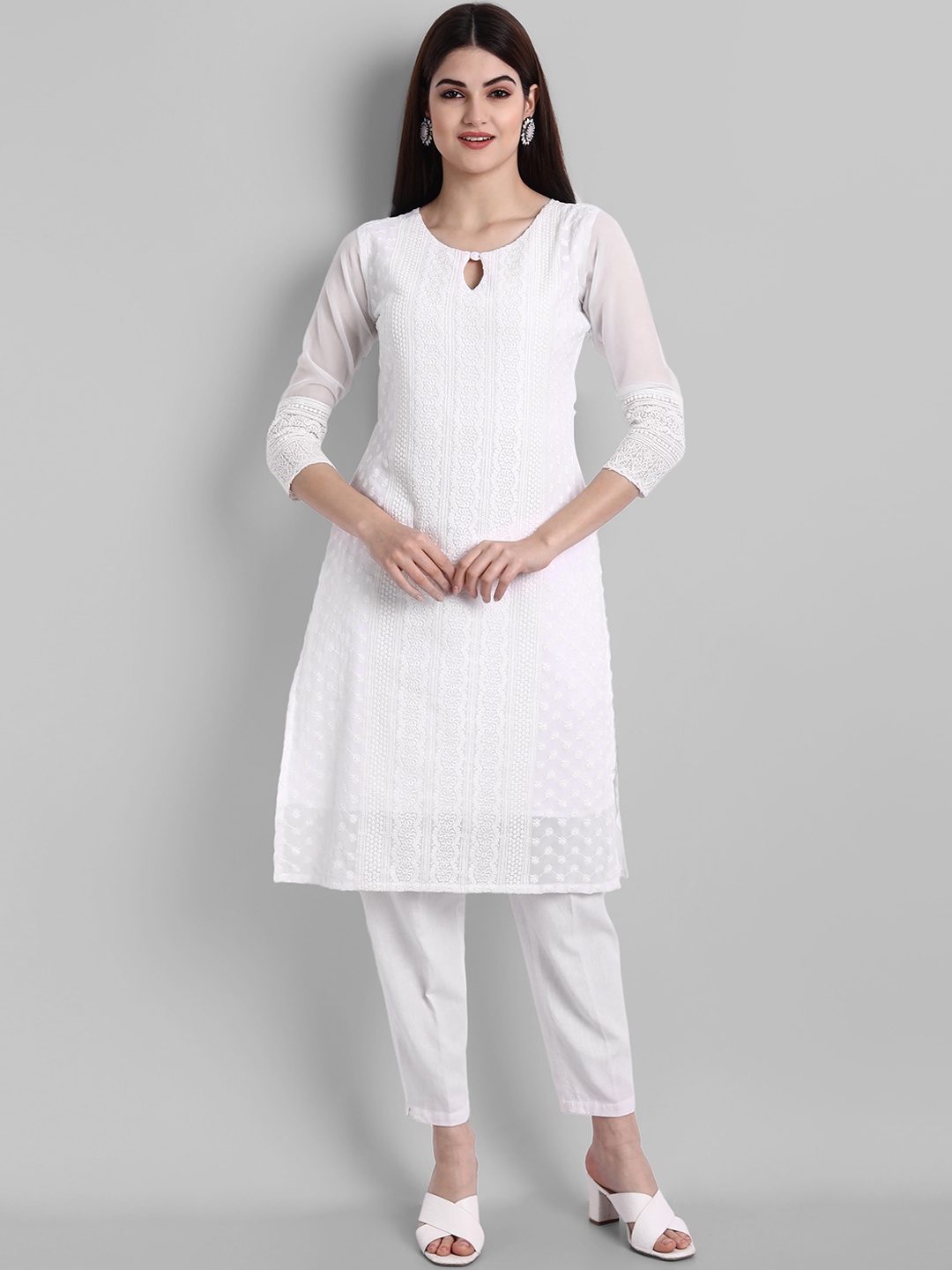 BLACK SCISSOR Ethnic Motifs Embroidered Keyhole Neck Chikankari Straight Georgette Kurta, White
BLACK SCISSOR Ethnic Motifs Embroidered Keyhole Neck Chikankari Straight Georgette Kurta, White