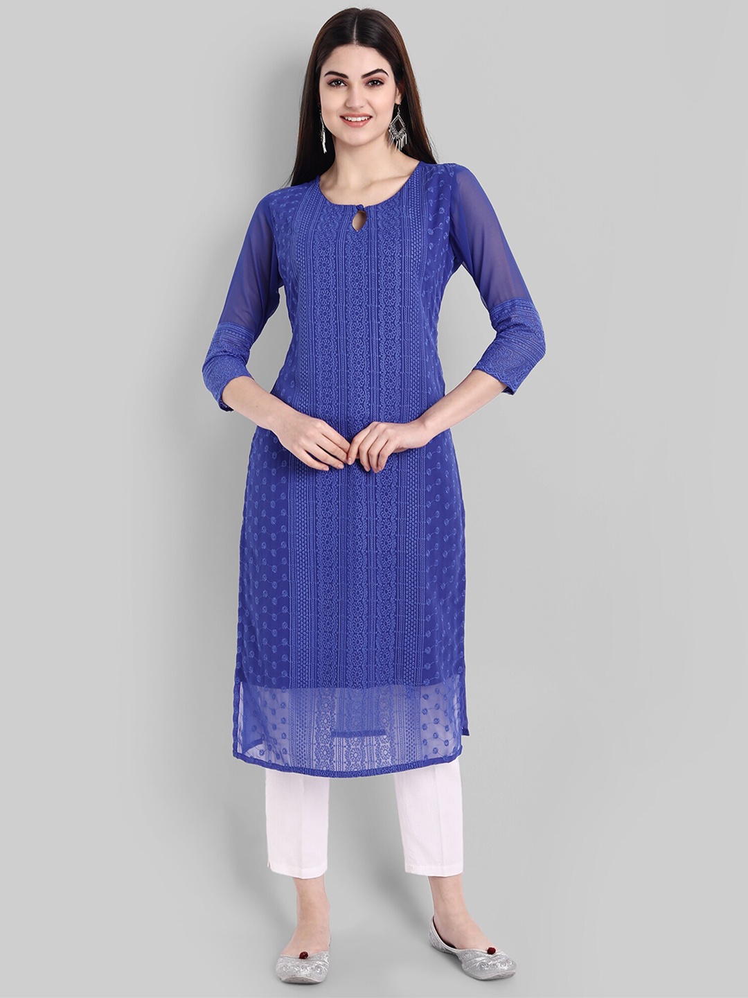 BLACK SCISSOR Chikankari Embroidered Keyhole Neck Straight Kurta, Blue