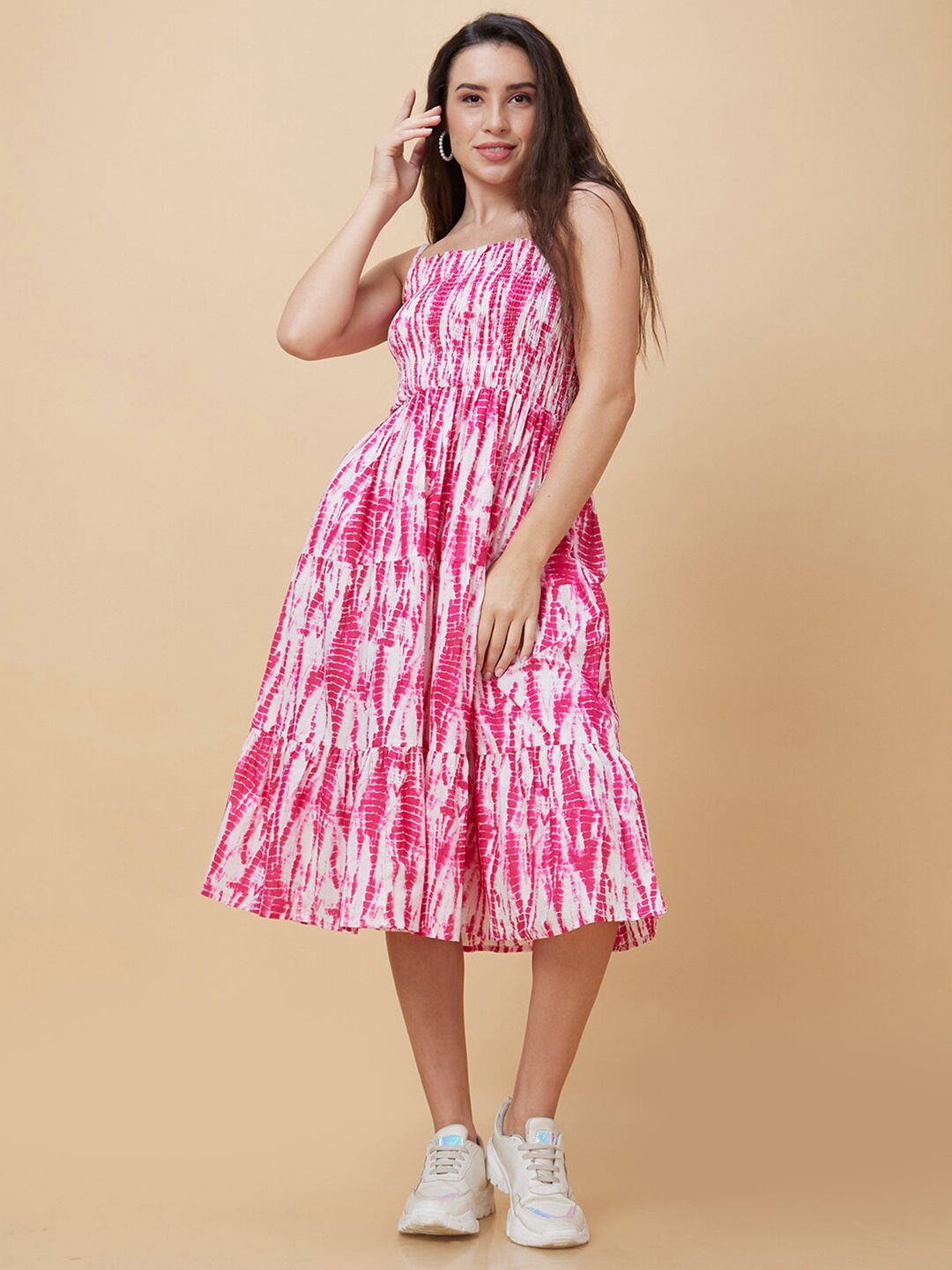 Globus Pink Tie and Dye Printed Shoulder Straps Gathered Tiered Cotton A-Line Midi Dress
Globus Pink Tie and Dye Printed Shoulder Straps Gathered Tiered Cotton A-Line Midi Dress