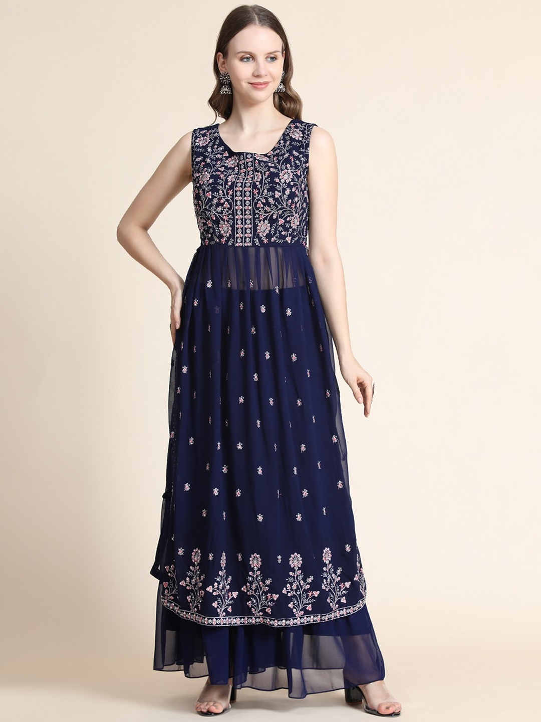 BLACK SCISSOR Ethnic Motifs Embroidered Beads and Stones Straight Kurta with Sharara, Navy blue
BLACK SCISSOR Ethnic Motifs Embroidered Beads and Stones Straight Kurta with Sharara, Navy blue