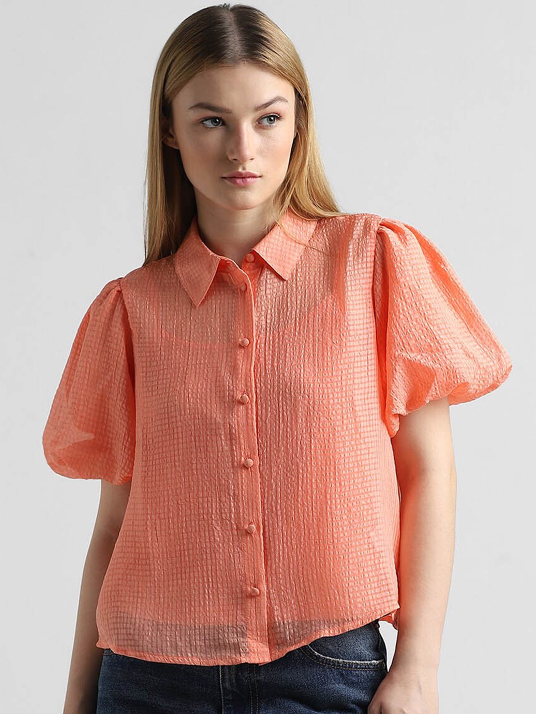 ONLY Uex Onlcourtey SS Slim Fit Self Design Puff Sleeves Semi Sheer Casual Shirt, Peach
ONLY Uex Onlcourtey SS Slim Fit Self Design Puff Sleeves Semi Sheer Casual Shirt, Peach
