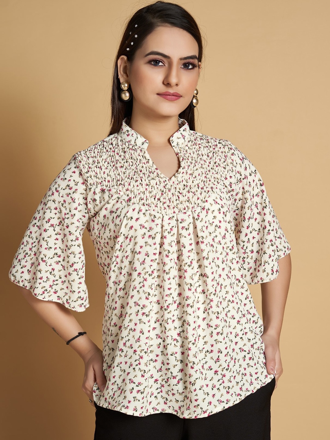 HOUSE OF MIRA Floral Printed Mandarin Collar Flared Sleeve Gathered or Pleated Top, White
HOUSE OF MIRA Floral Printed Mandarin Collar Flared Sleeve Gathered or Pleated Top, White