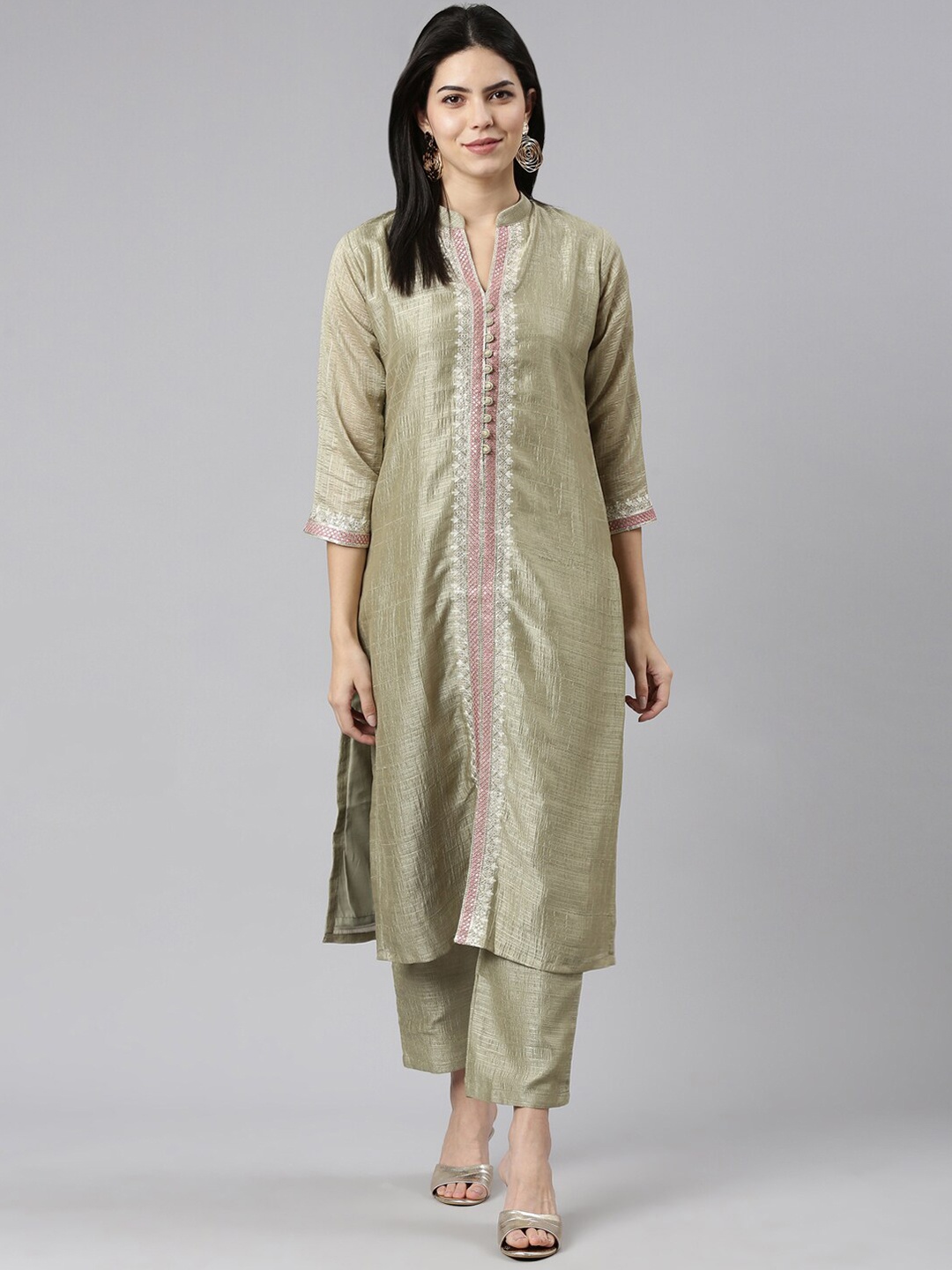 Neerus Floral Embroidered Mandarin Collar Thread Work Raw Silk Kurta with Trousers, Green
Neerus Floral Embroidered Mandarin Collar Thread Work Raw Silk Kurta with Trousers, Green