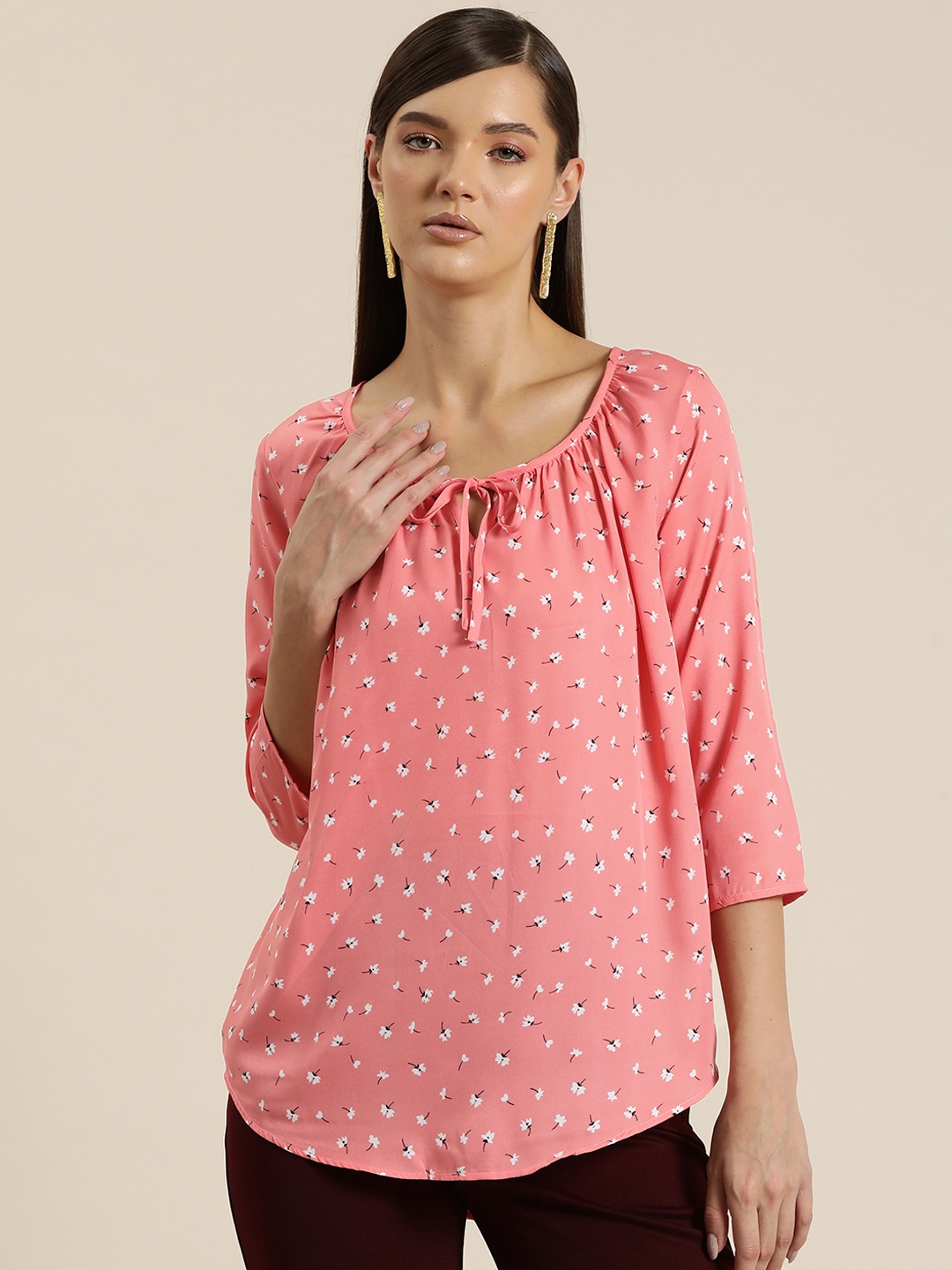 

Qurvii Floral Print Tie-Up Neck Crepe Shirt Style Longline Top, Pink