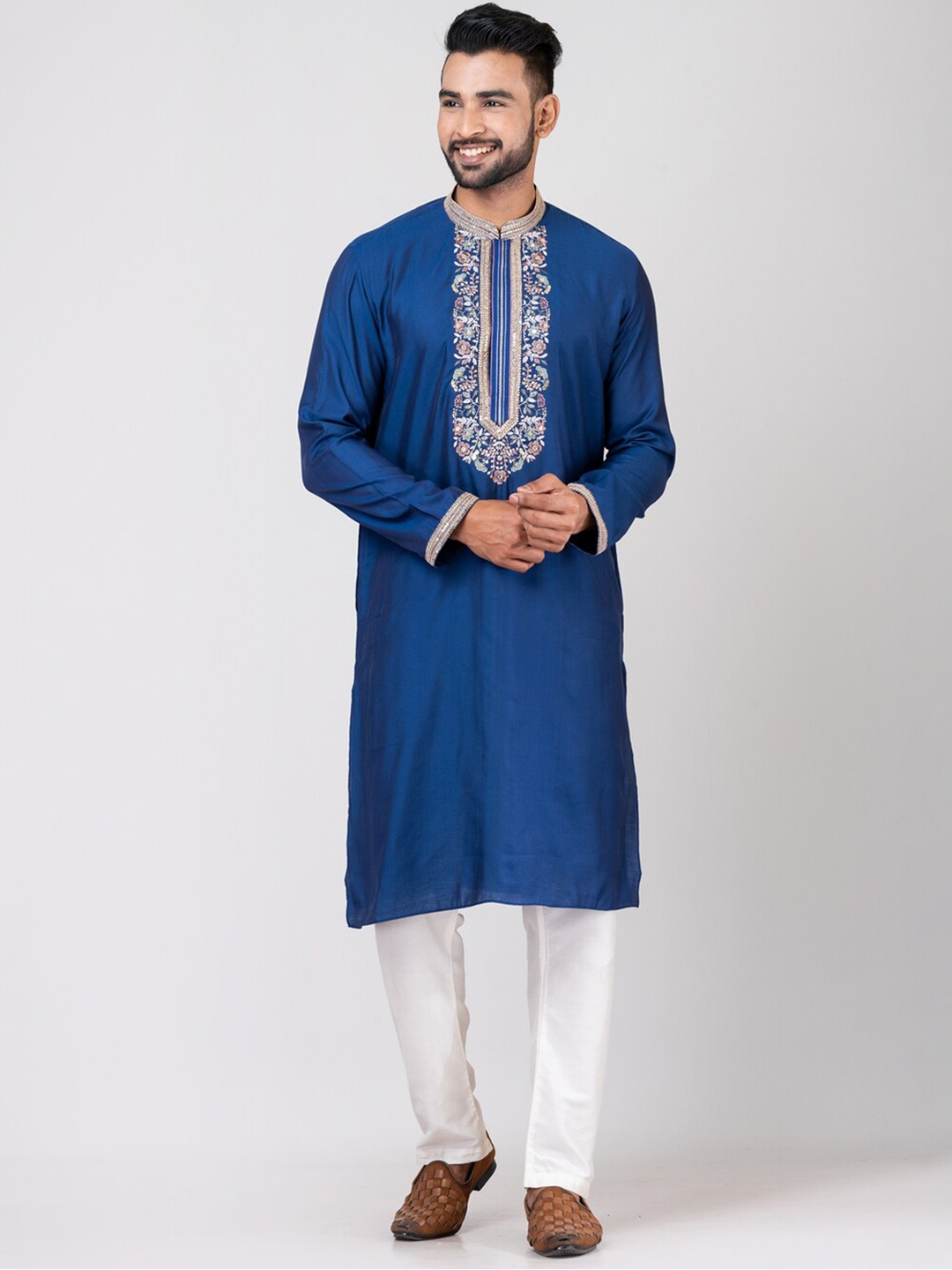 HU - Handcrafted Uniquely Floral Embroidered Mandarin Collar Cotton Silk Kurta, Blue
HU - Handcrafted Uniquely Floral Embroidered Mandarin Collar Cotton Silk Kurta, Blue