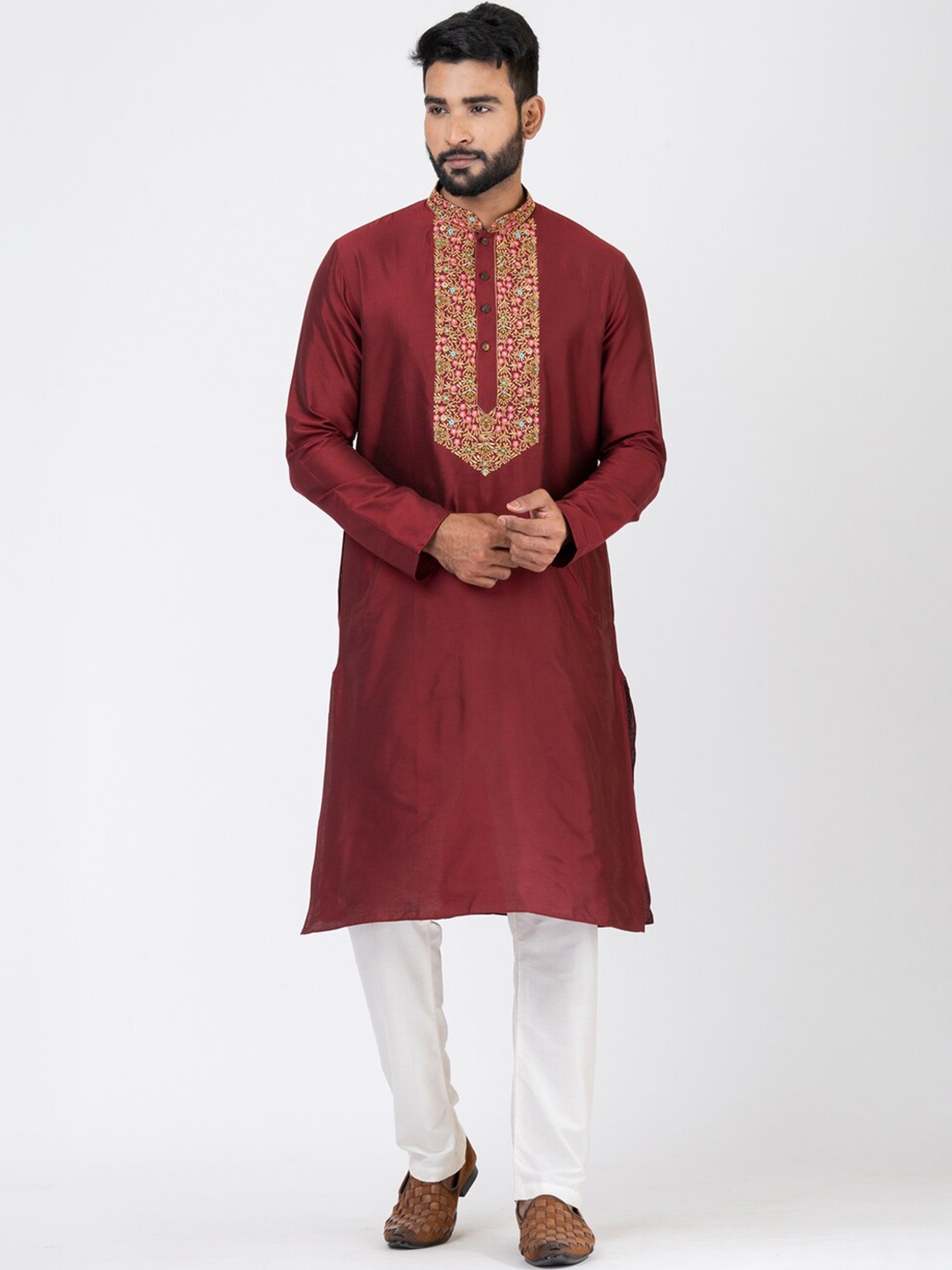 HU - Handcrafted Uniquely Floral Yoke Design Mandarin Collar Cotton Silk Straight Kurta, Maroon
HU - Handcrafted Uniquely Floral Yoke Design Mandarin Collar Cotton Silk Straight Kurta, Maroon