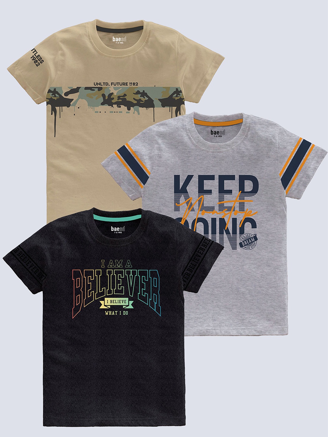 BAESD Boys Pack Of 3 Typography Printed Round Neck Short Sleeves Pure Cotton T-shirt, Khaki
BAESD Boys Pack Of 3 Typography Printed Round Neck Short Sleeves Pure Cotton T-shirt, Khaki
