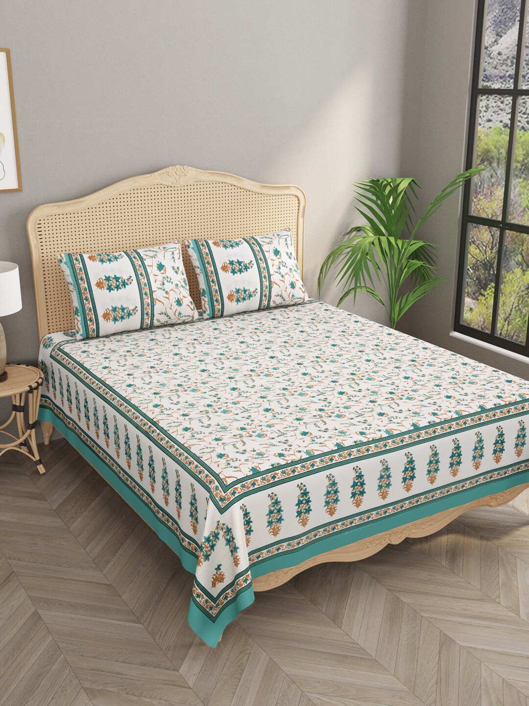 Gulaab Jaipur White & Blue Floral Cotton 700 TC Super King Bedsheet with 2 Pillow Covers
Gulaab Jaipur White & Blue Floral Cotton 700 TC Super King Bedsheet with 2 Pillow Covers