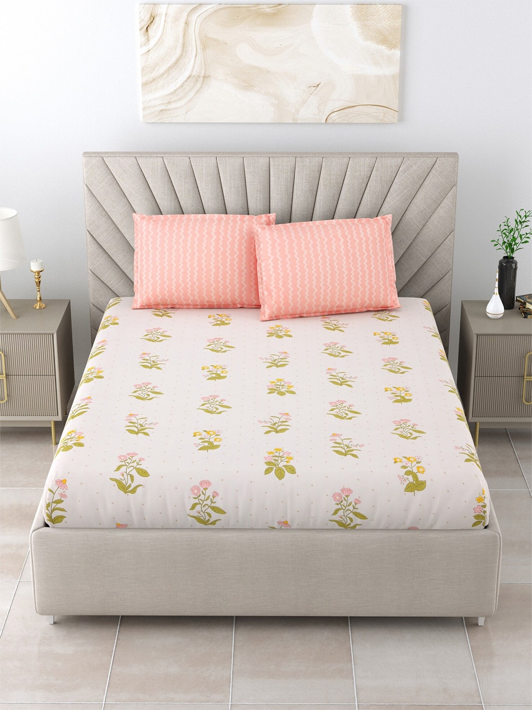 Salona Bichona Pink & Green Floral Cotton 120 TC Queen Bedsheet With 2 Pillow Covers
Salona Bichona Pink & Green Floral Cotton 120 TC Queen Bedsheet With 2 Pillow Covers